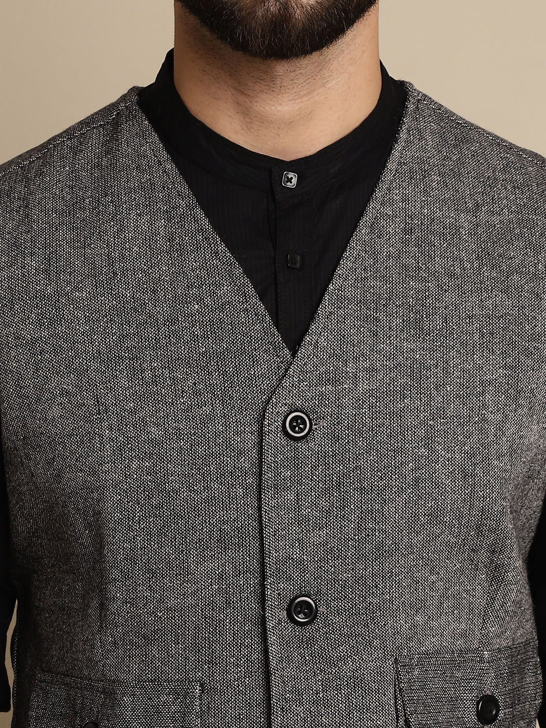 Even Apparels Men's Black Woolen Waistcoat With Patch Pocket