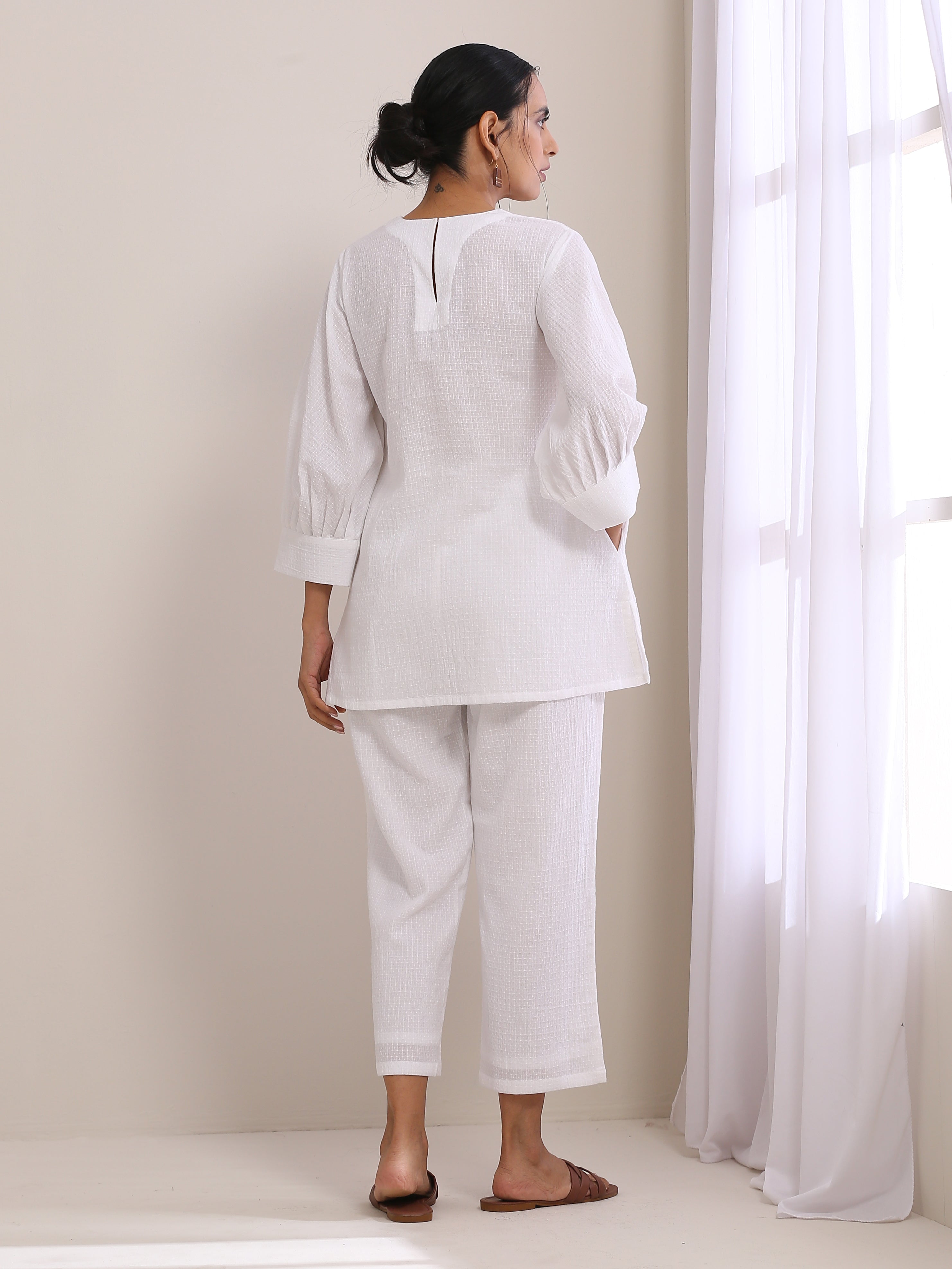 trueBrowns White Dobby Baggy Sleeve Co-Ord Set