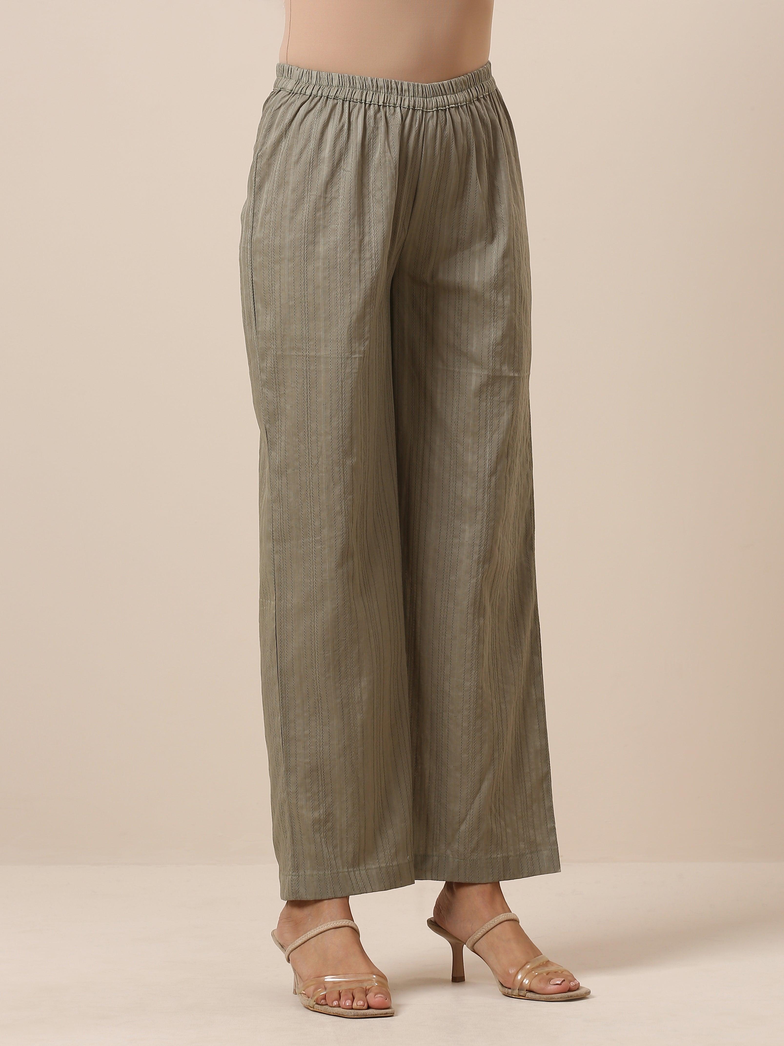 trueBrowns Cotton Olive Green Flared Slit Kurta Pant Set