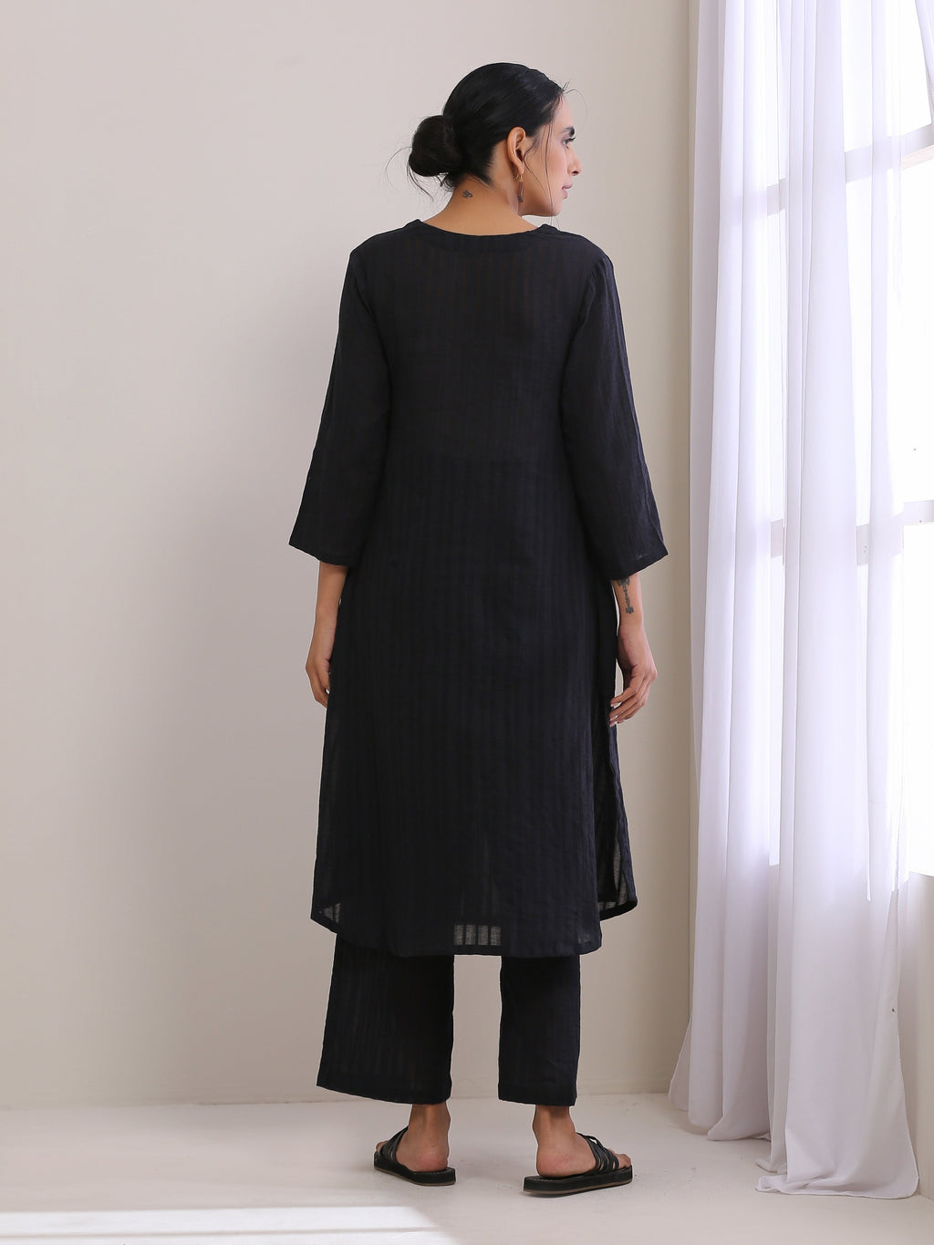 trueBrowns Black Dobby Flared Slit Kurta Pant Set