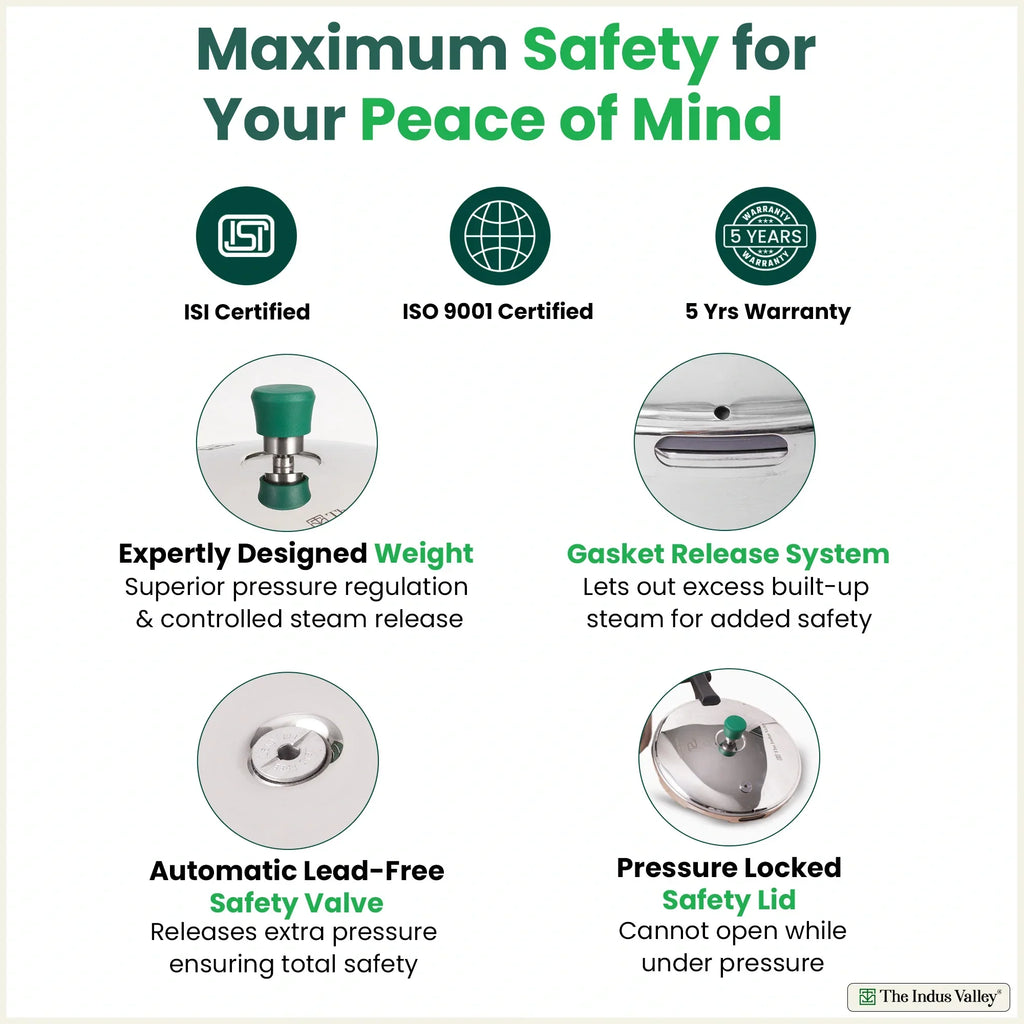 The Indus Valley Tri-ply Stainless Steel Pressure Pan, Premium Quality, 3 Layer Thick Body, Heavy Bottom, 100% Food-safe, ISI Certified, Induction & Gas, 3.5/5L