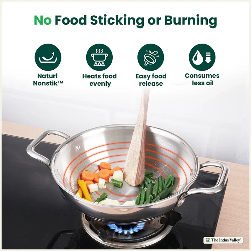 The Indus Valley TurboCuk Tri-ply Stainless Steel Kadai+ Glass Lid, Premium Quality, 3 Layer Thick Body, 100% Toxin-free, Non-stick, Induction & Gas, 1.7/2.7/3.5L
