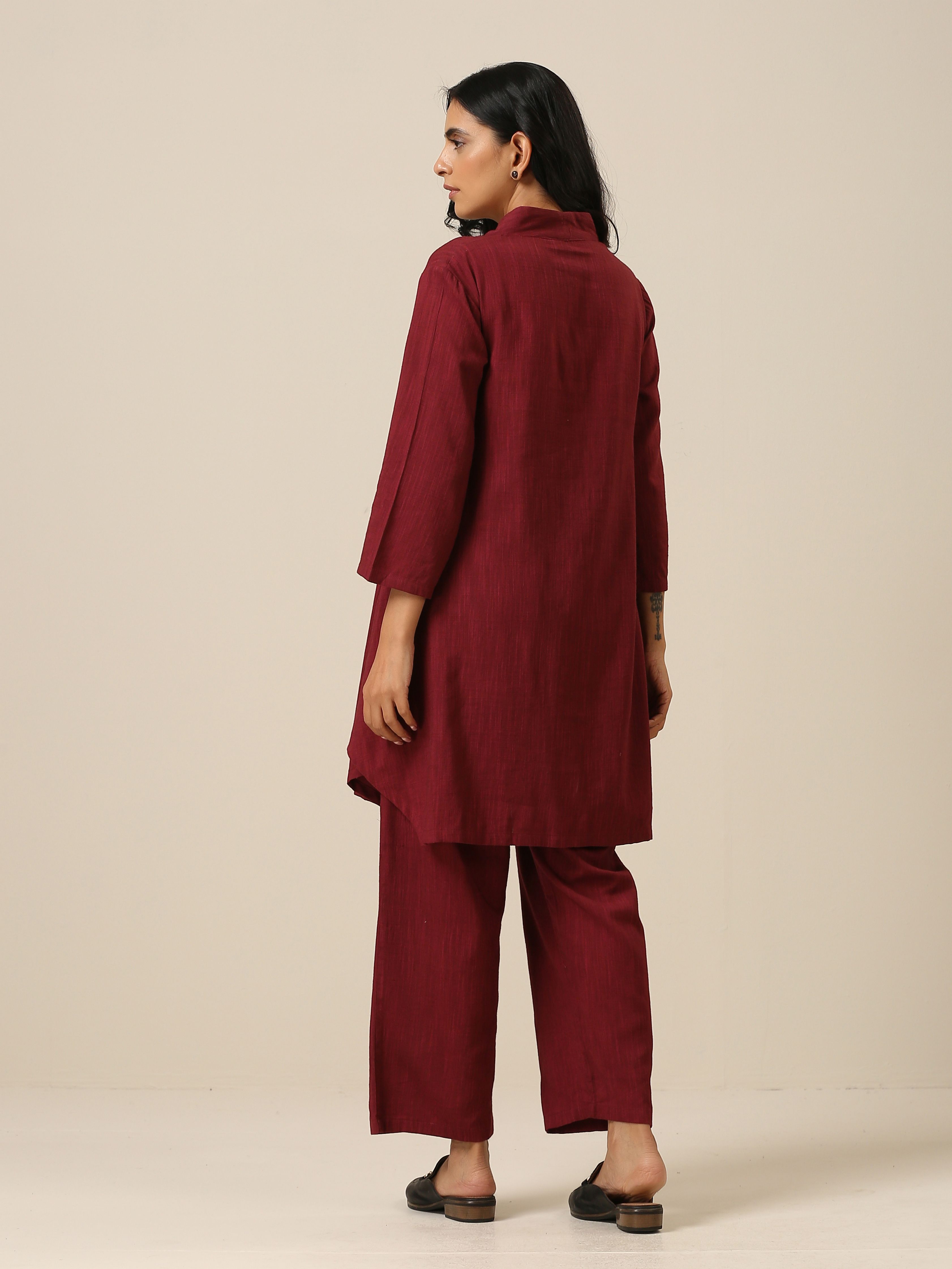 trueBrowns Ruby Wine Slub Textured Collar Co-Ord Set
