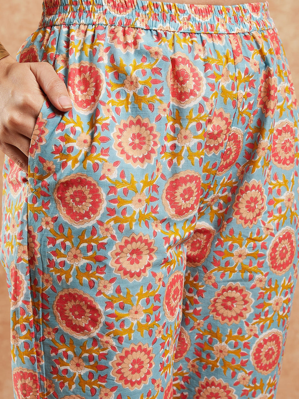 InWeave Women's Light Blue Floral Jaal Gota Work Straight Kurta Pant Set
