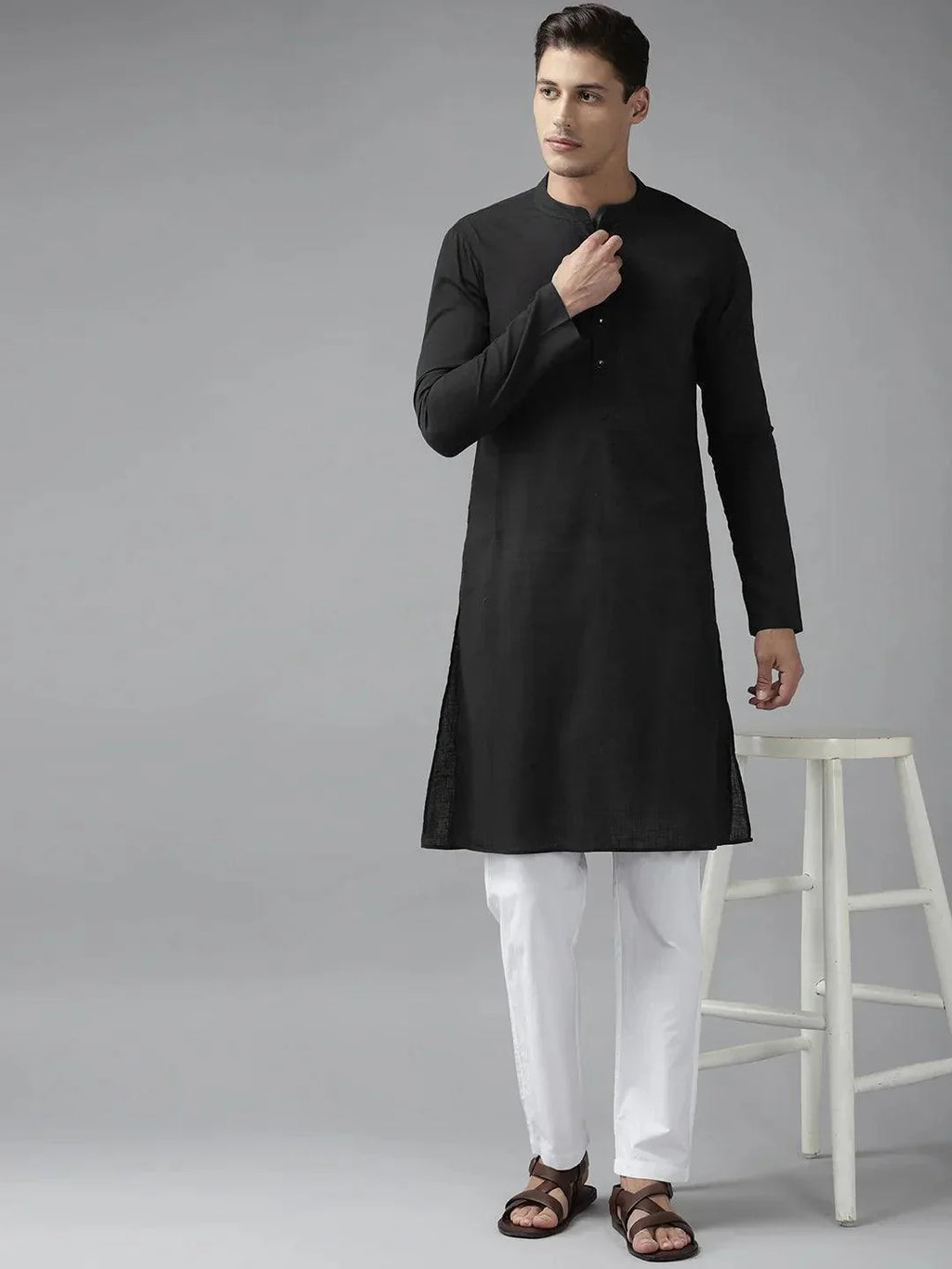Fabmade Men Z-Black Cotton Linen Kurta Pyjama