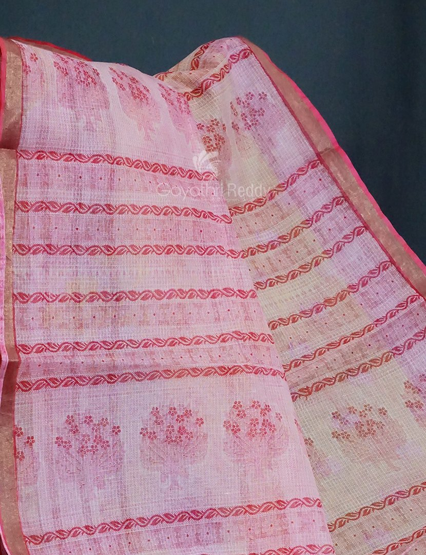 Yellow And Pink Colour Block Print Pure Kota Cotton Saree By Gayathri Reddy Designer Studio