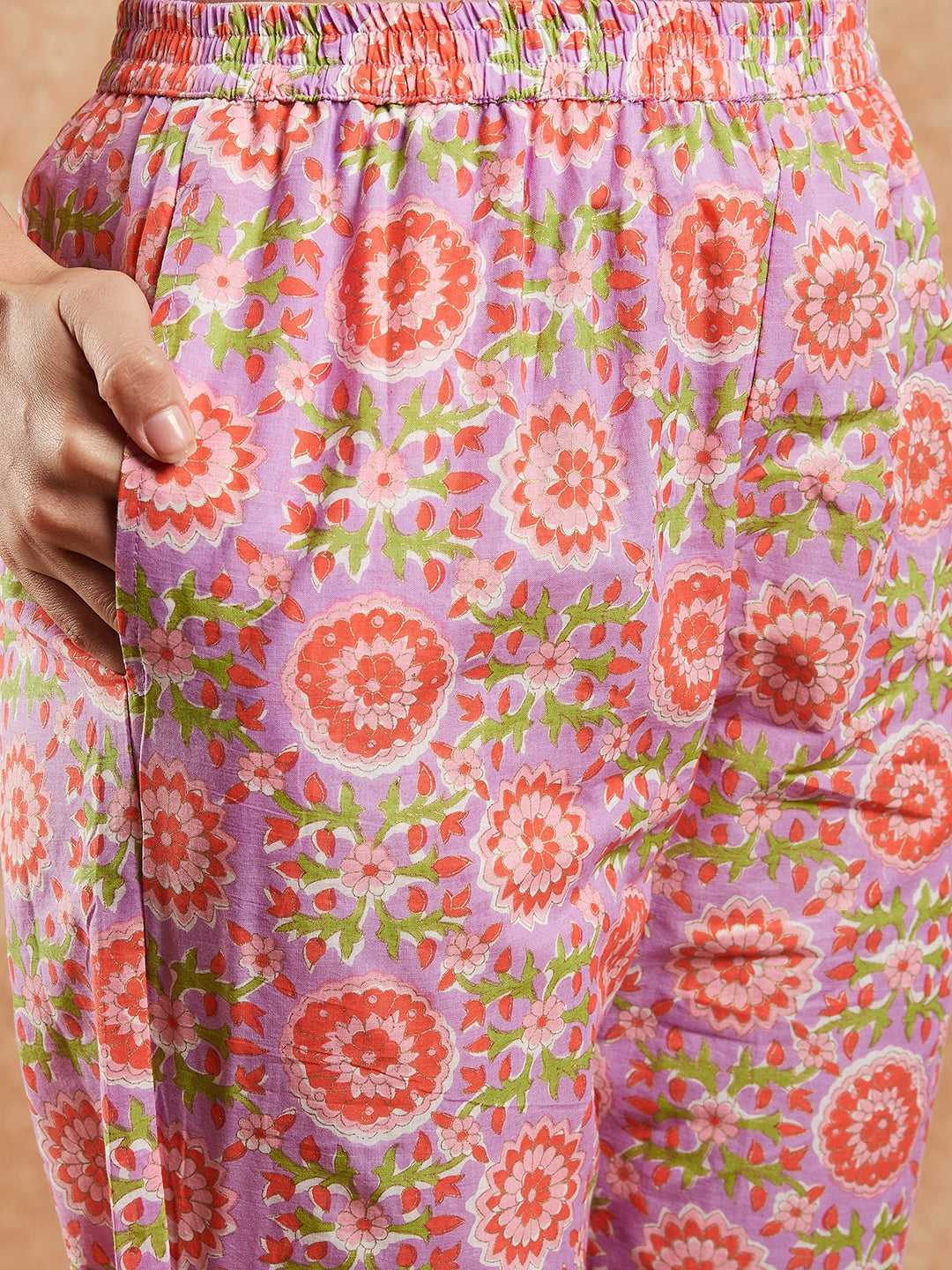 InWeave Women's Mauve Floral Jaal Gota Work Straight Kurta Pant Set