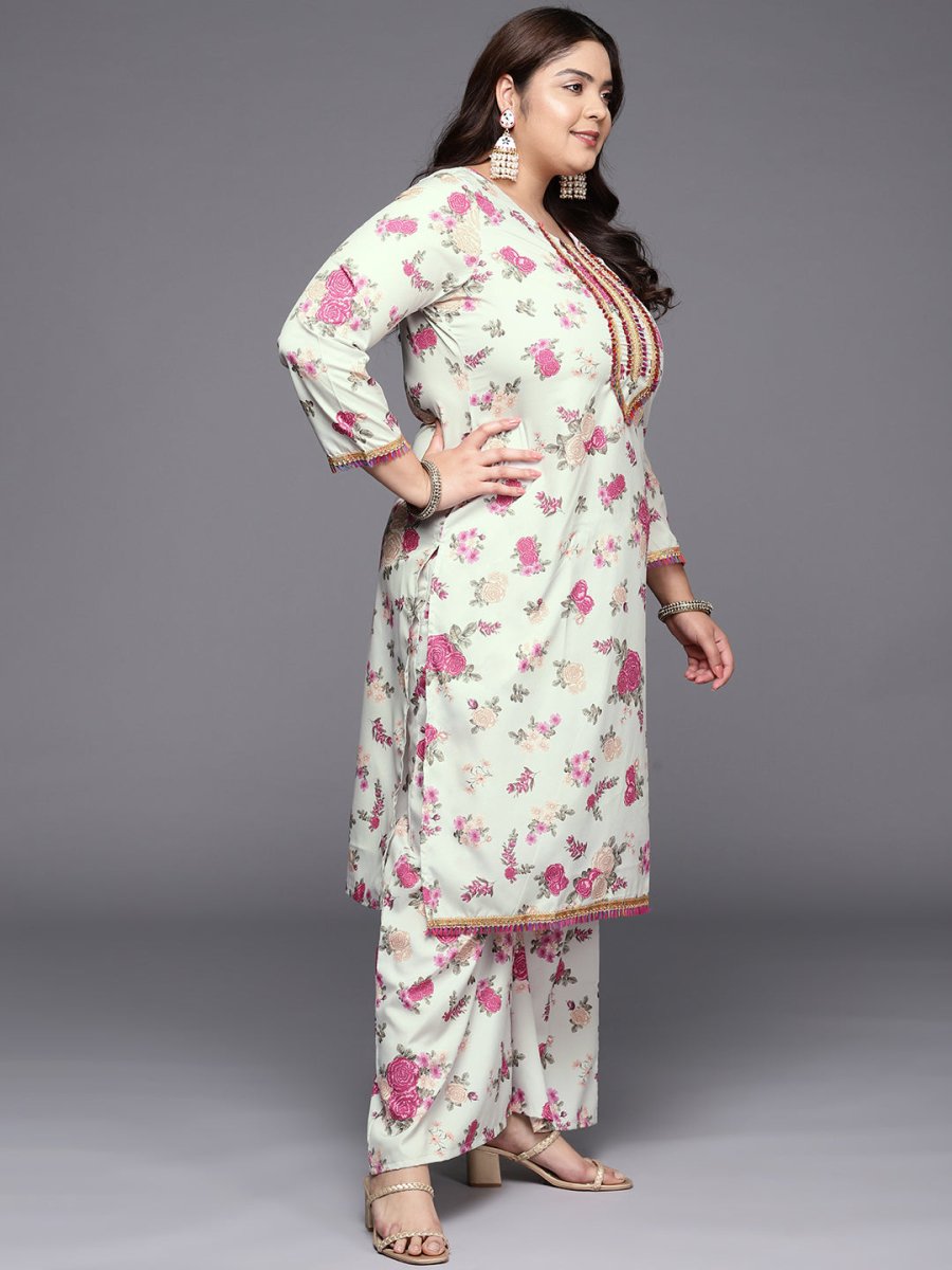 Ahalyaa Plus Size Floral Printed Zari Kurta with Palazzos & With Dupatta