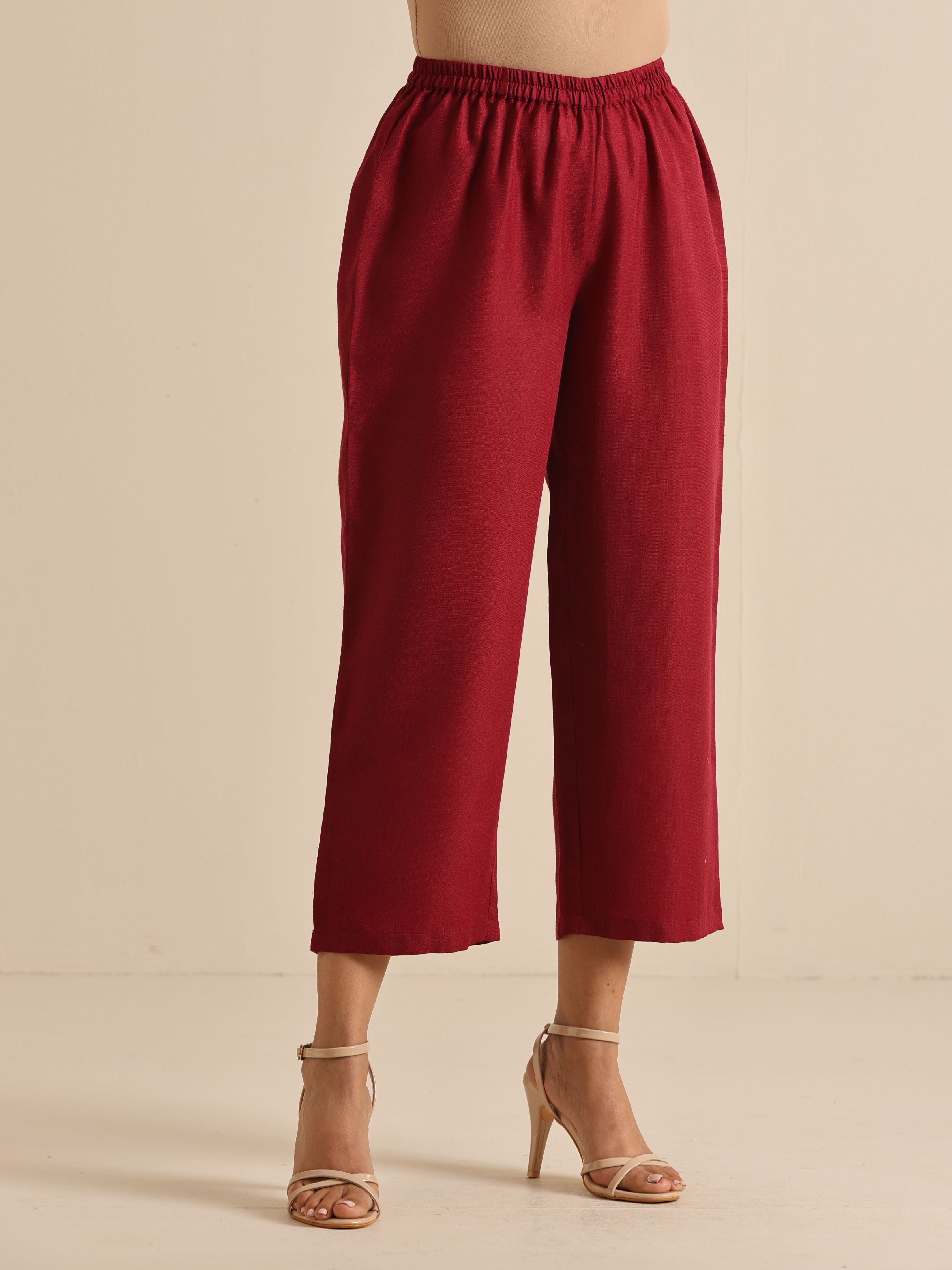 trueBrowns Maroon Slub Gathered Kurta Pant Set