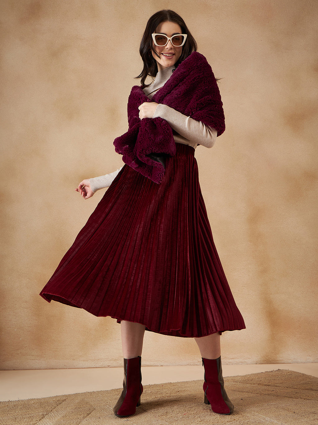 InWeave Women's Burgundy Long Faux Fur Cape