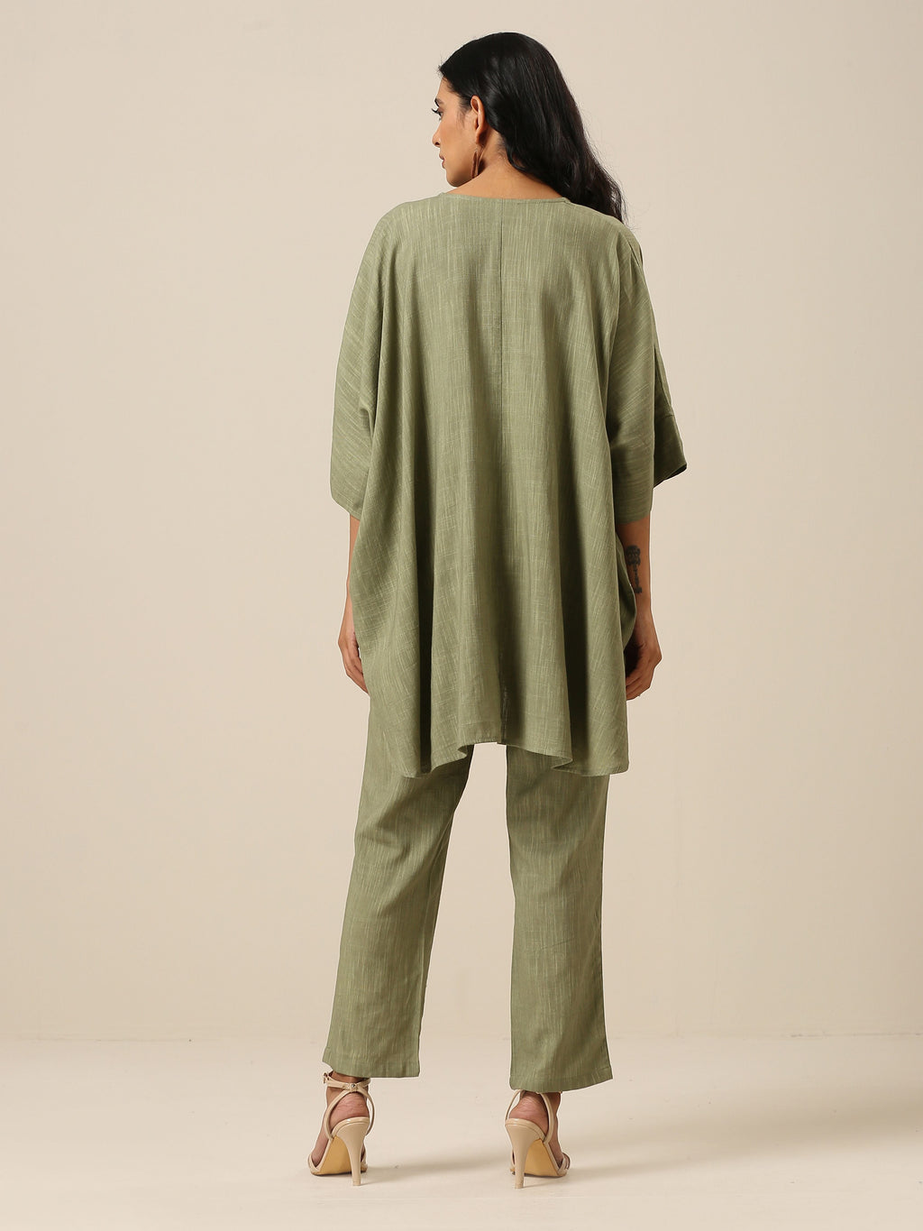 trueBrowns Sage Slub Texture Boxy Fit High Low Co-Ord Set