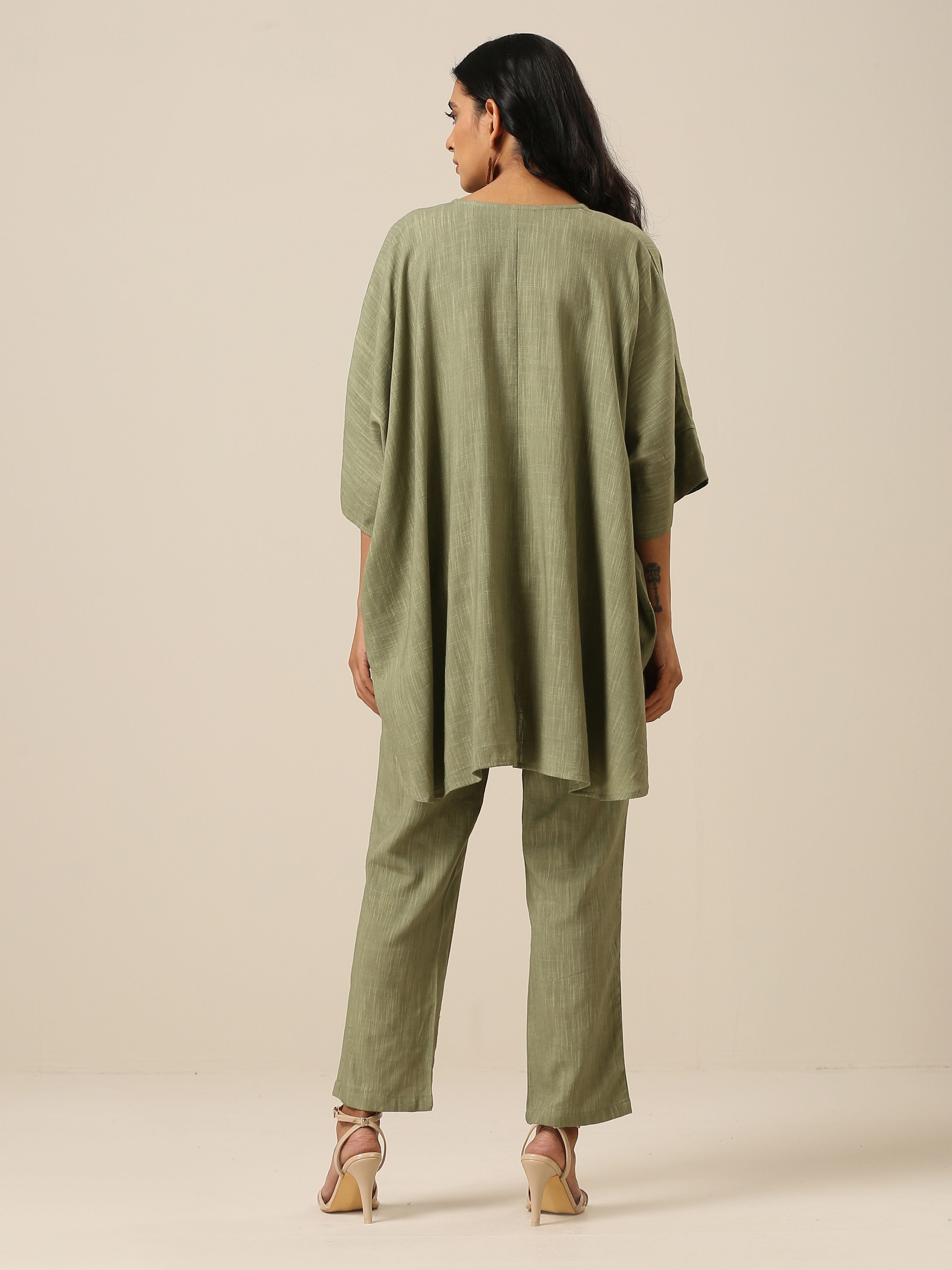 trueBrowns Sage Slub Texture Boxy Fit High Low Co-Ord Set