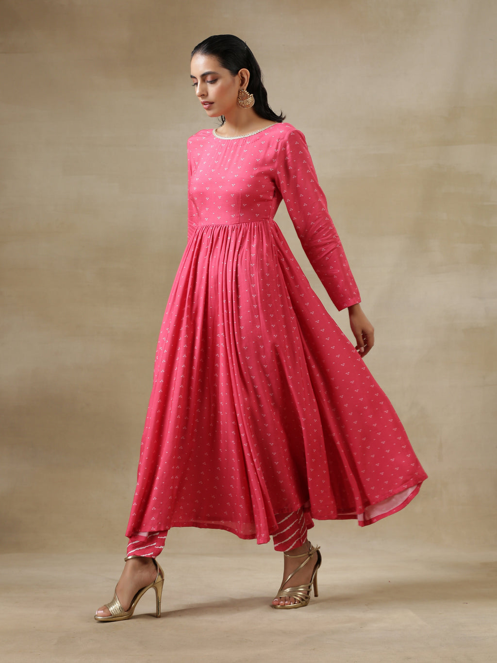 trueBrowns Pink Bandhani Printed Silk Anarkali Kurta Pant Dupatta Set