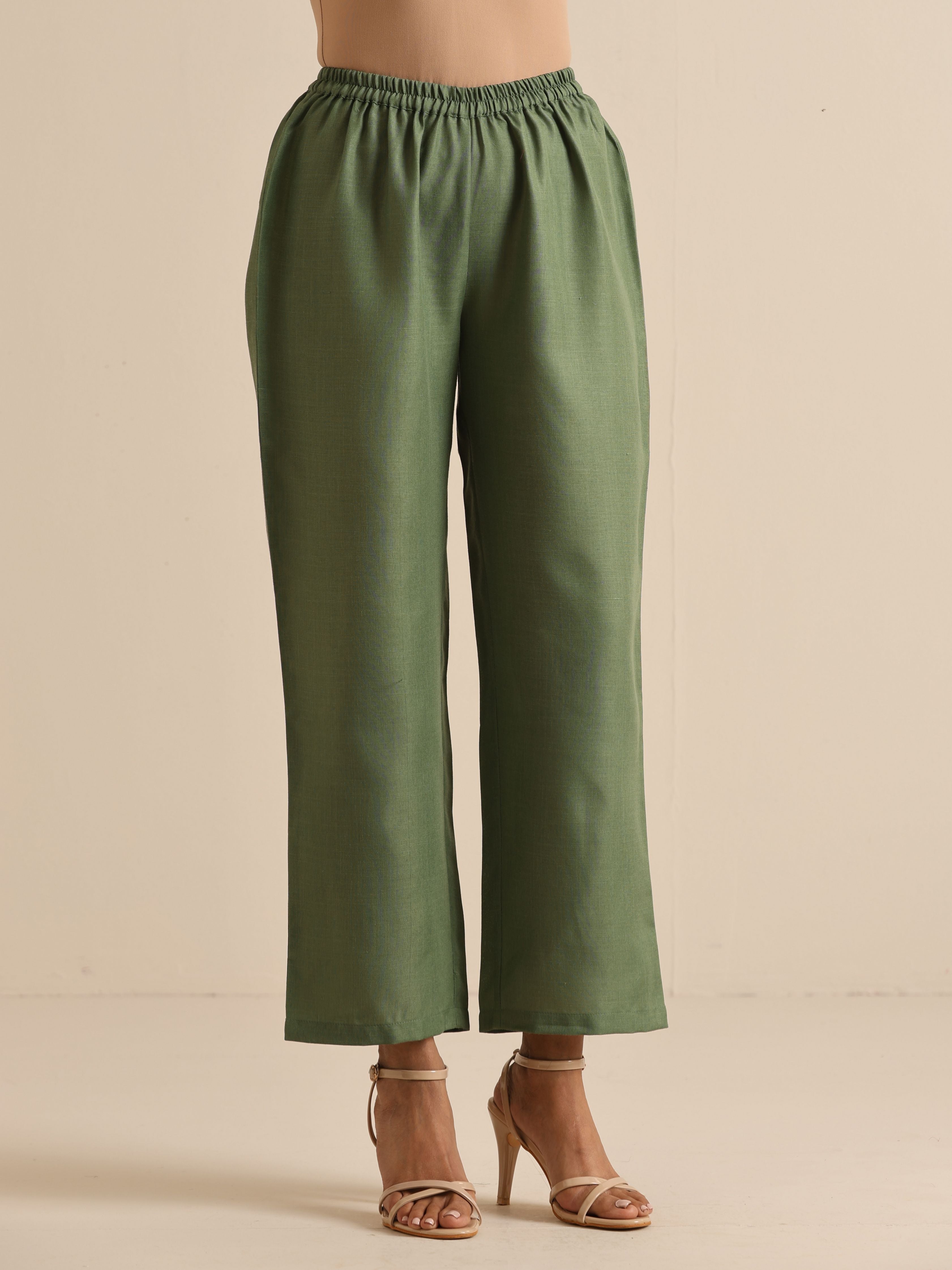 trueBrowns Olive Green Slub Relaxed Placket Co-Ord Set