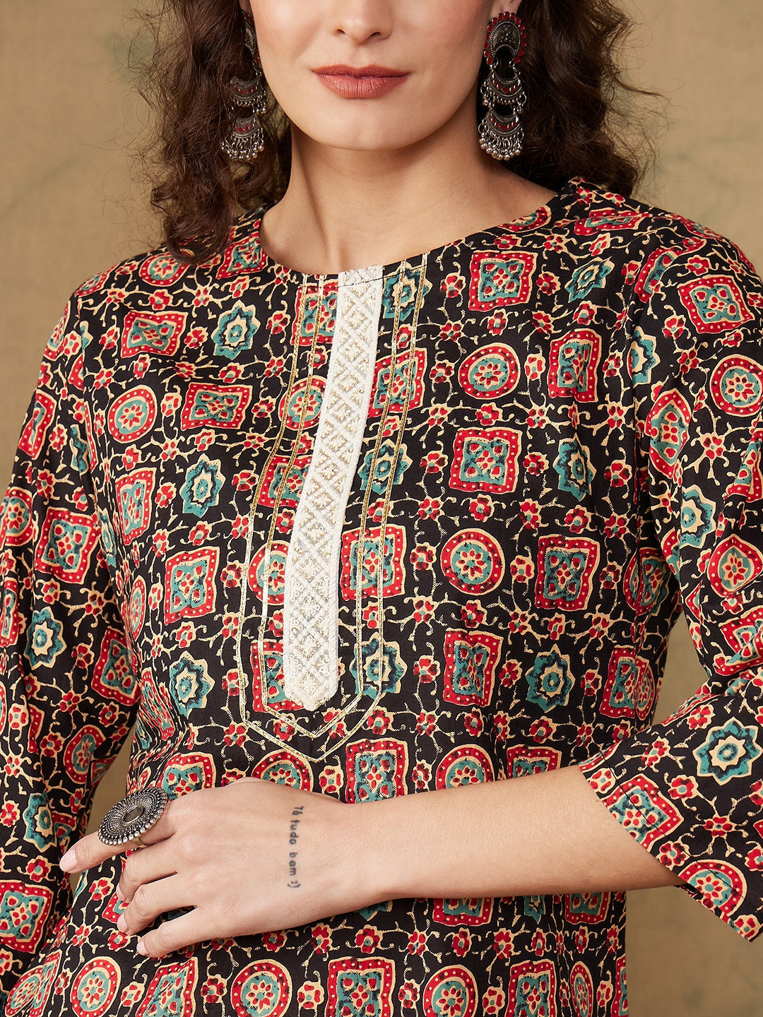 InWeave Women's Black Maroon Print Lace Gota Work Straight Kurta