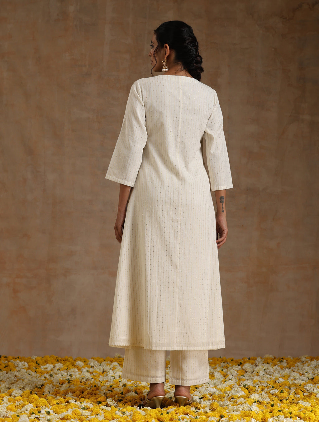trueBrowns Ivory Gold Cotton Angrakha Kurta Set