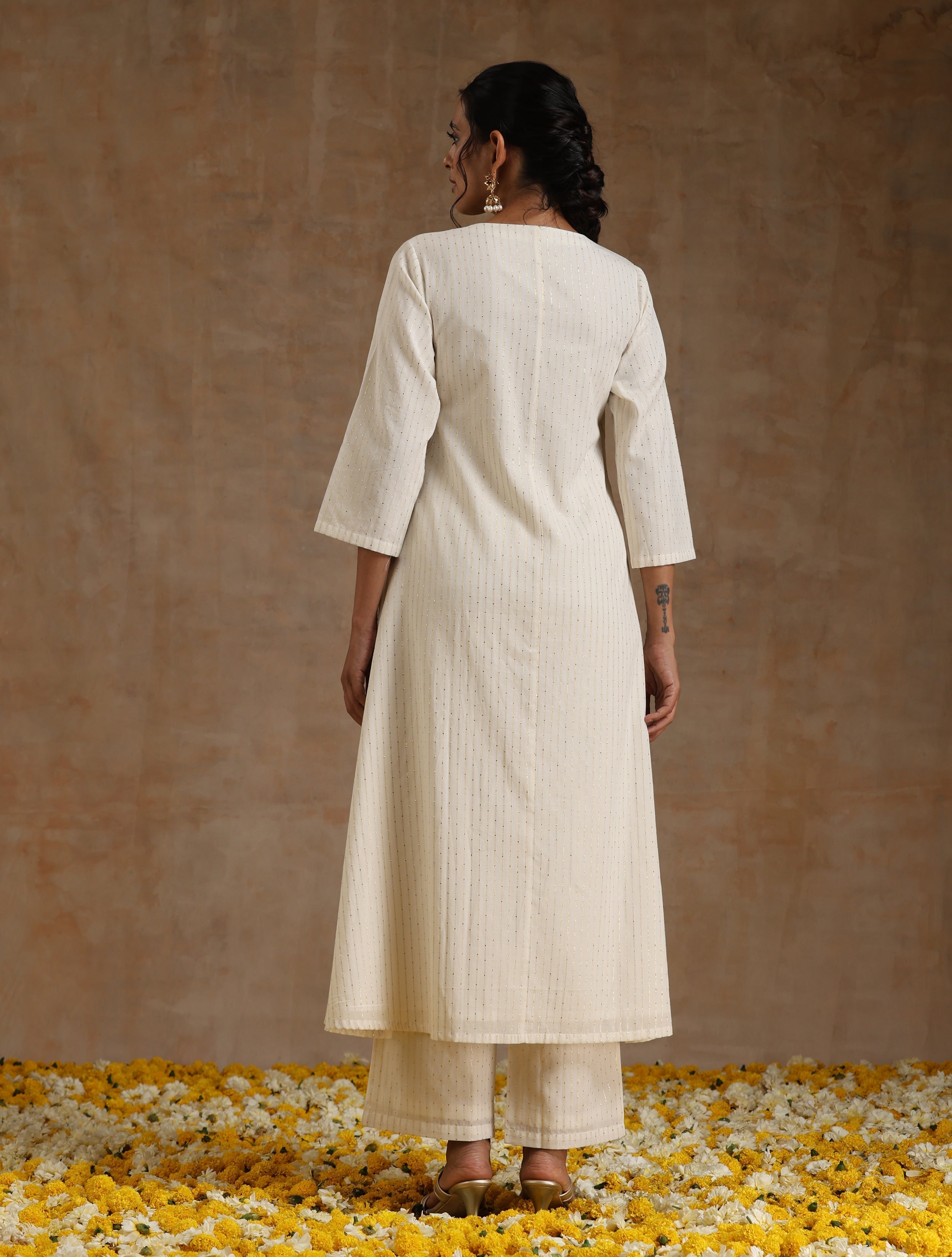 trueBrowns Ivory Gold Cotton Angrakha Kurta Set