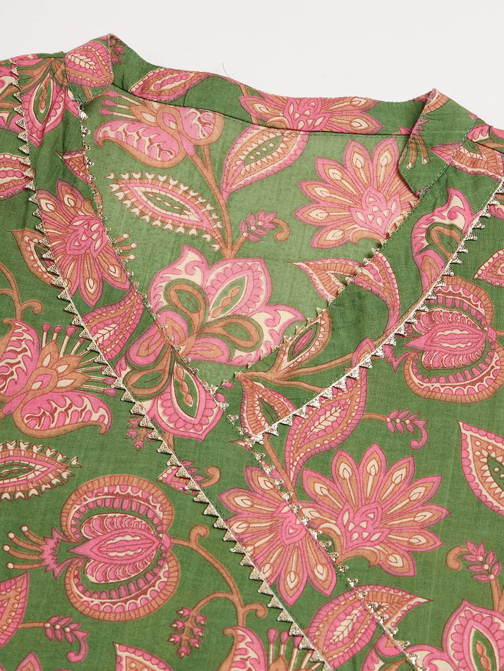 InWeave Women's Green Pink Floral Angrakha Straight Kurta