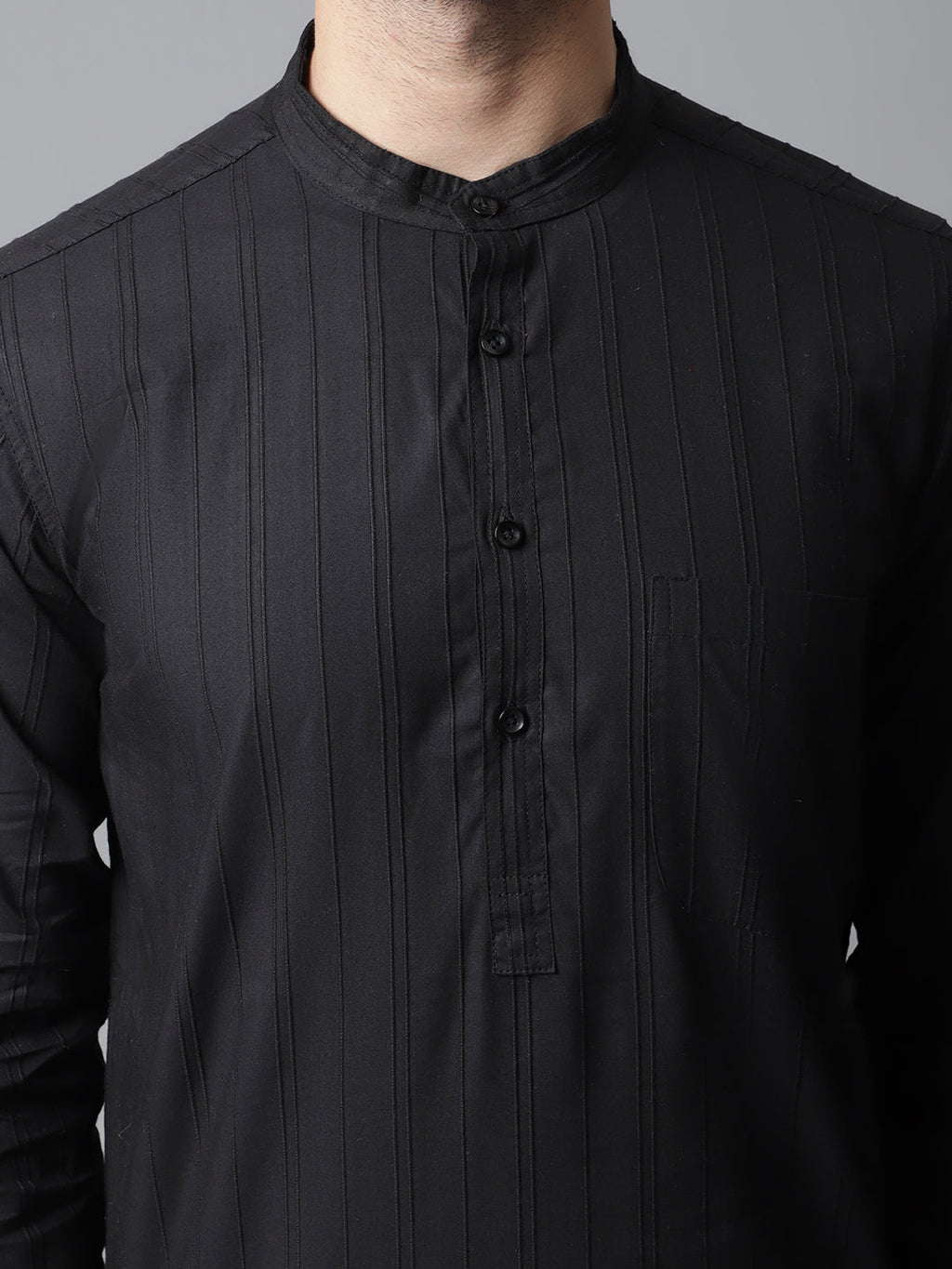 Even Apparels Black Striped Kurta With Band Collar