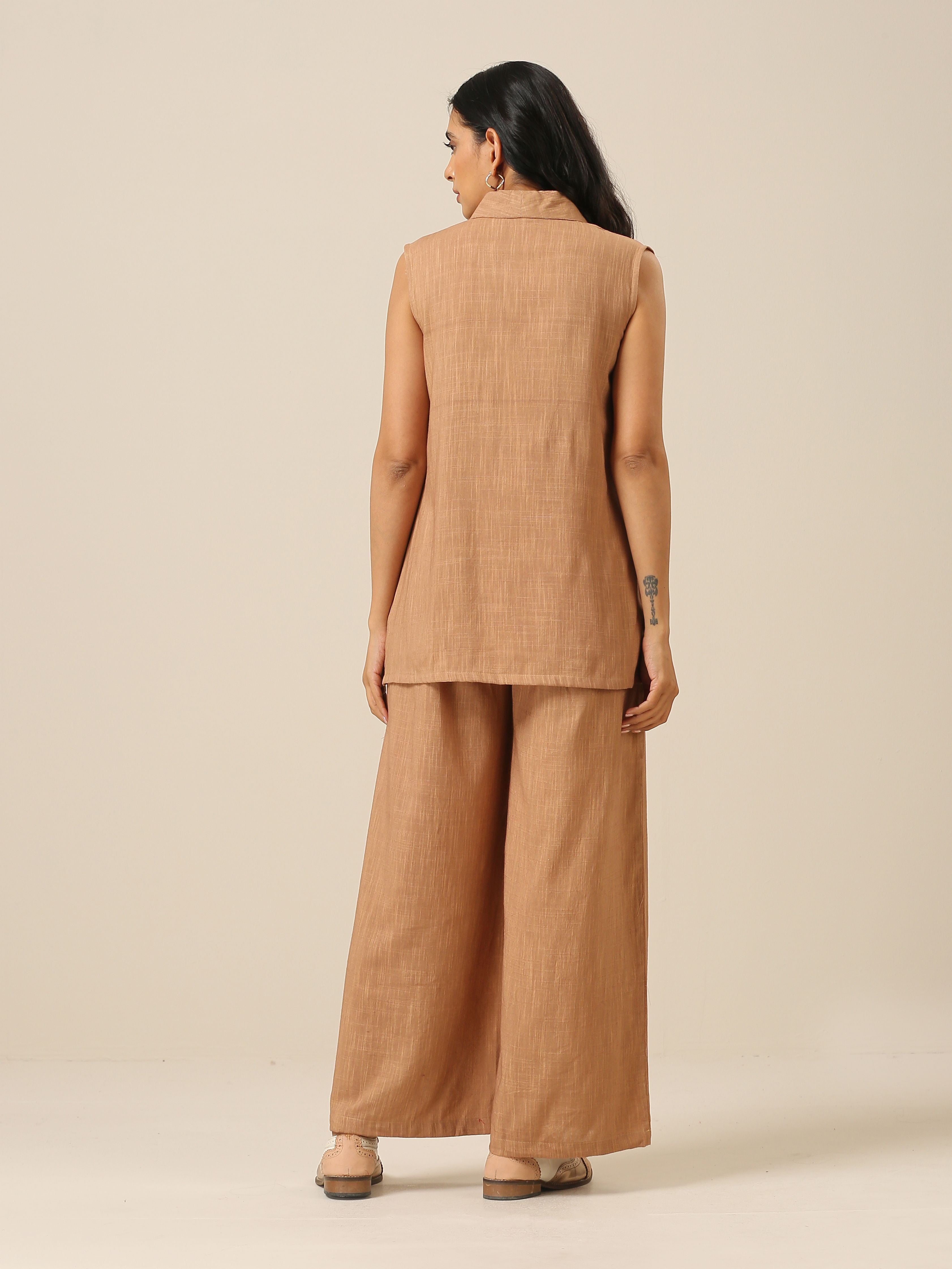 trueBrowns Beige Slub Texture Sleevesless Jacket Pant Set