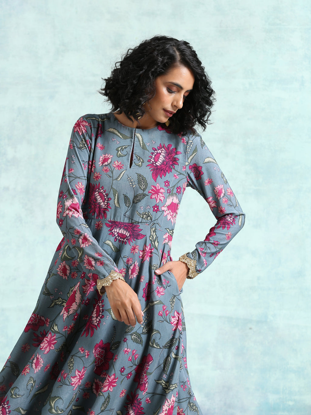 trueBrowns Grey Printed Velvet Anarkali Kurta