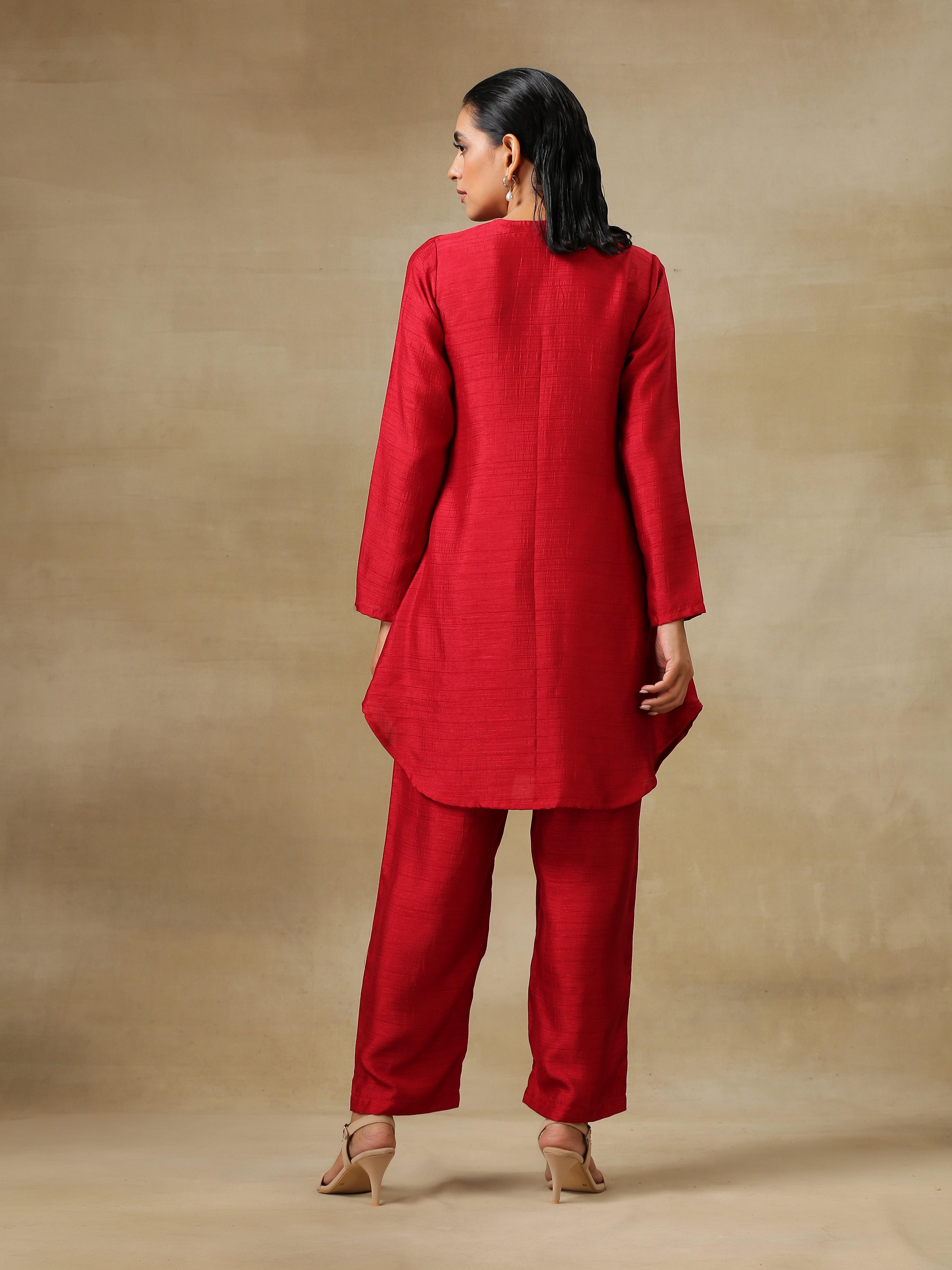 trueBrowns Maroon Textured Silk Front Placket Co-Ord Set