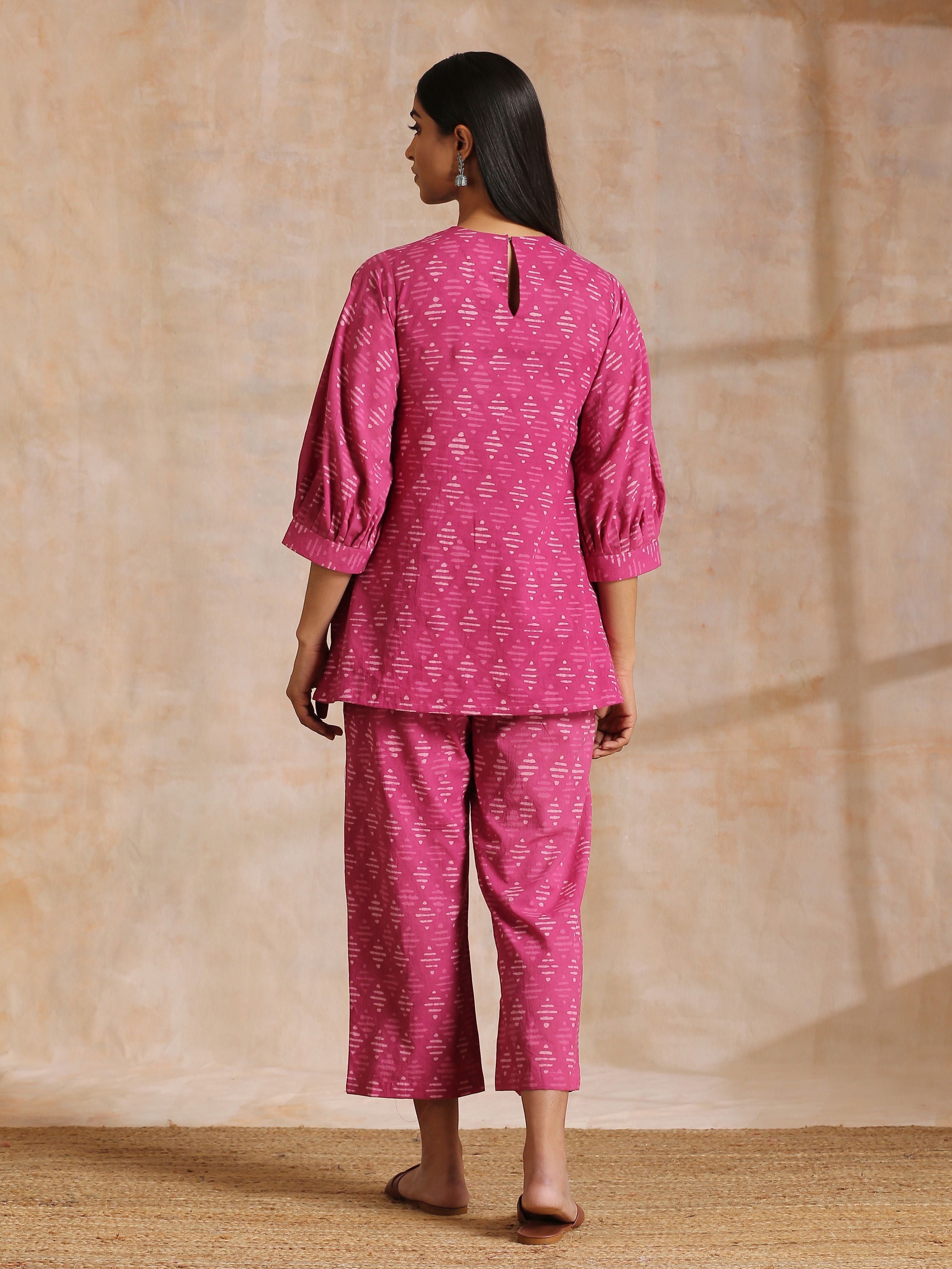 trueBrowns Pink Dabu Print Cotton Baggy Sleeve Co-Ord Set