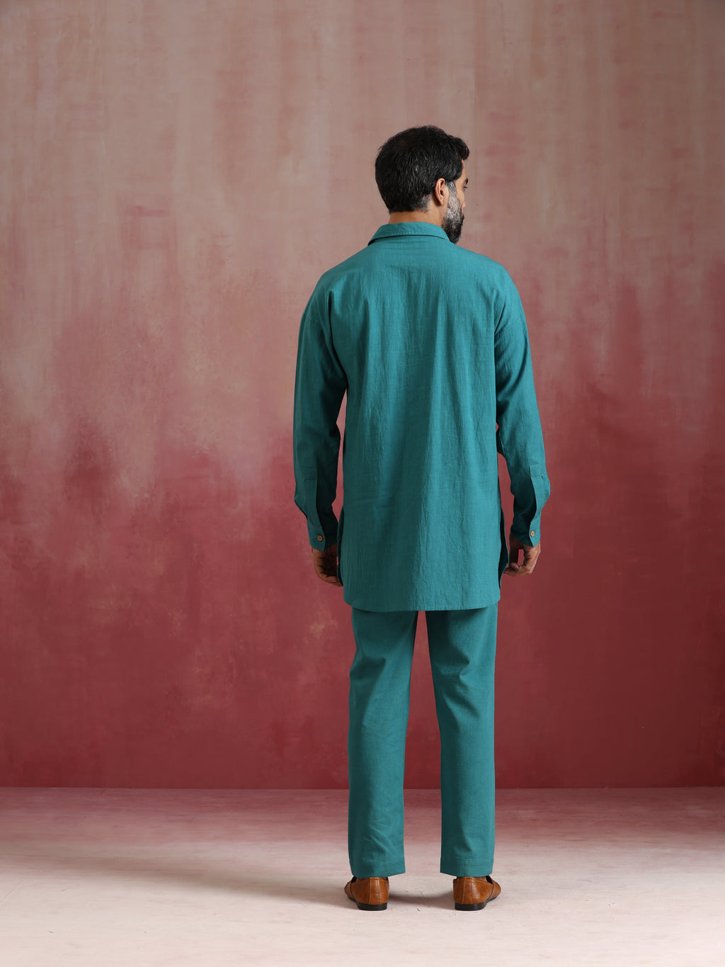 trueBrowns Men's Teal Cotton Shirt Collar Stylized Kurta Co-ord set