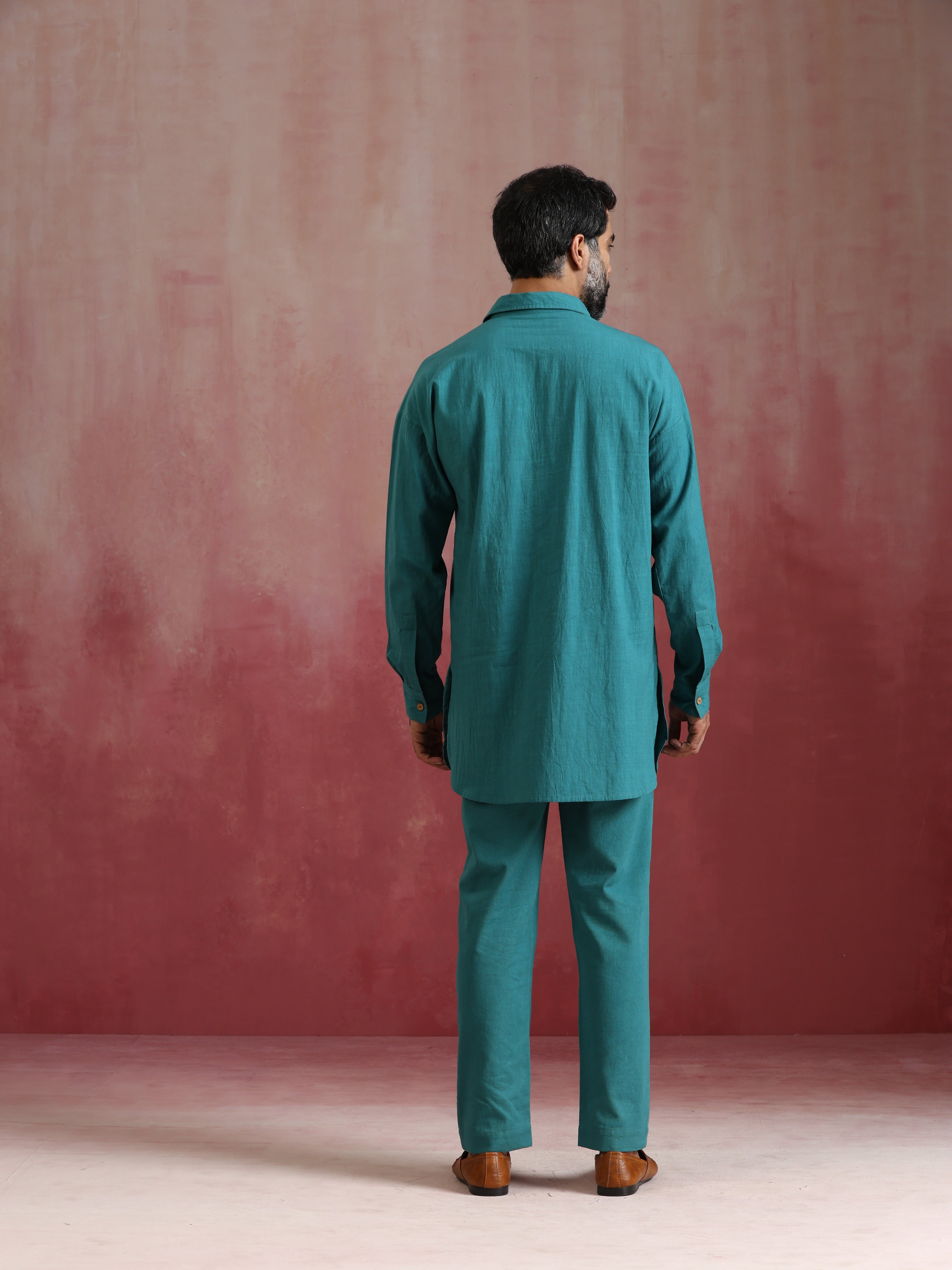 trueBrowns Men's Teal Cotton Shirt Collar Stylized Kurta Co-ord set