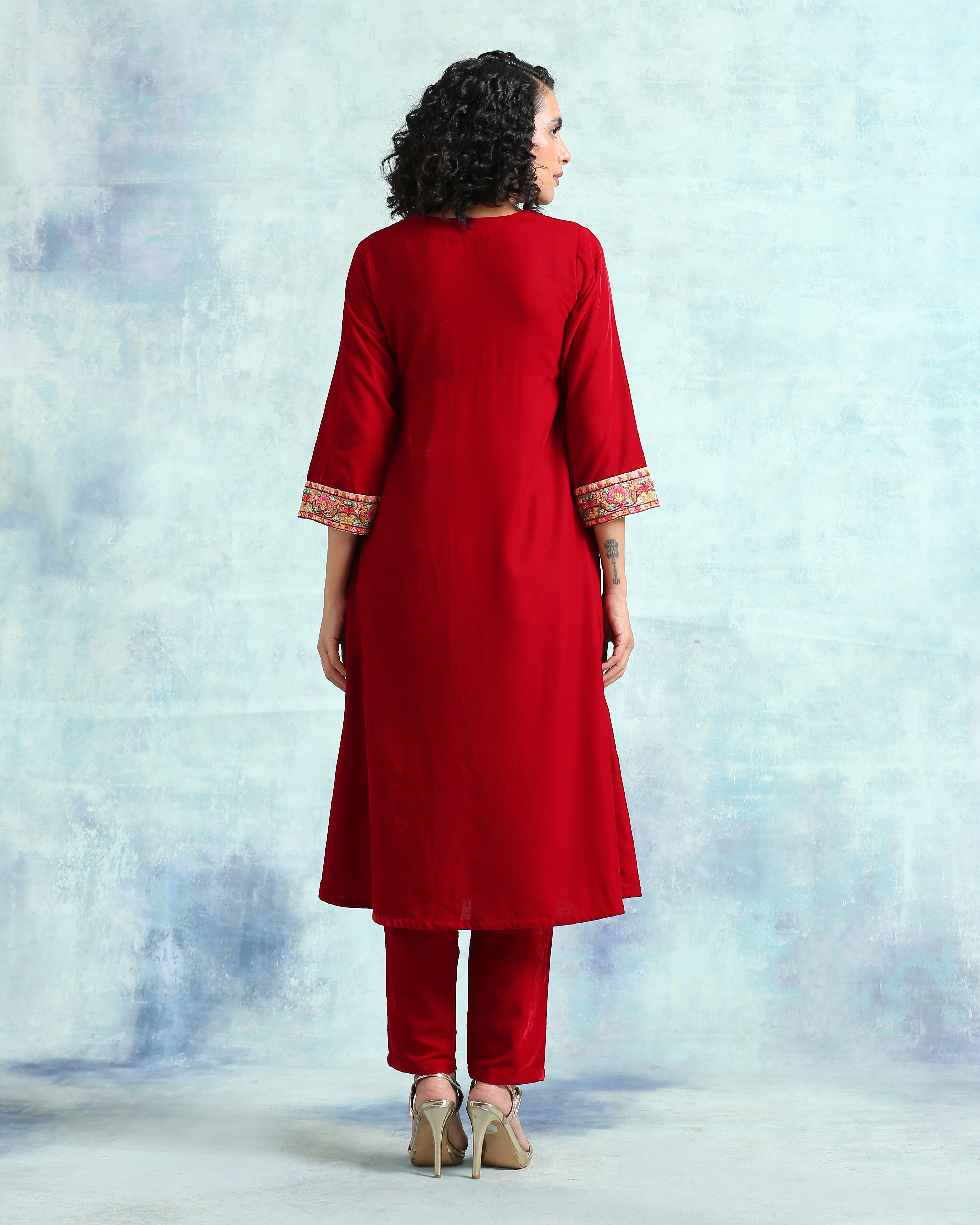 trueBrowns True Red Velvet Yoke Kurta