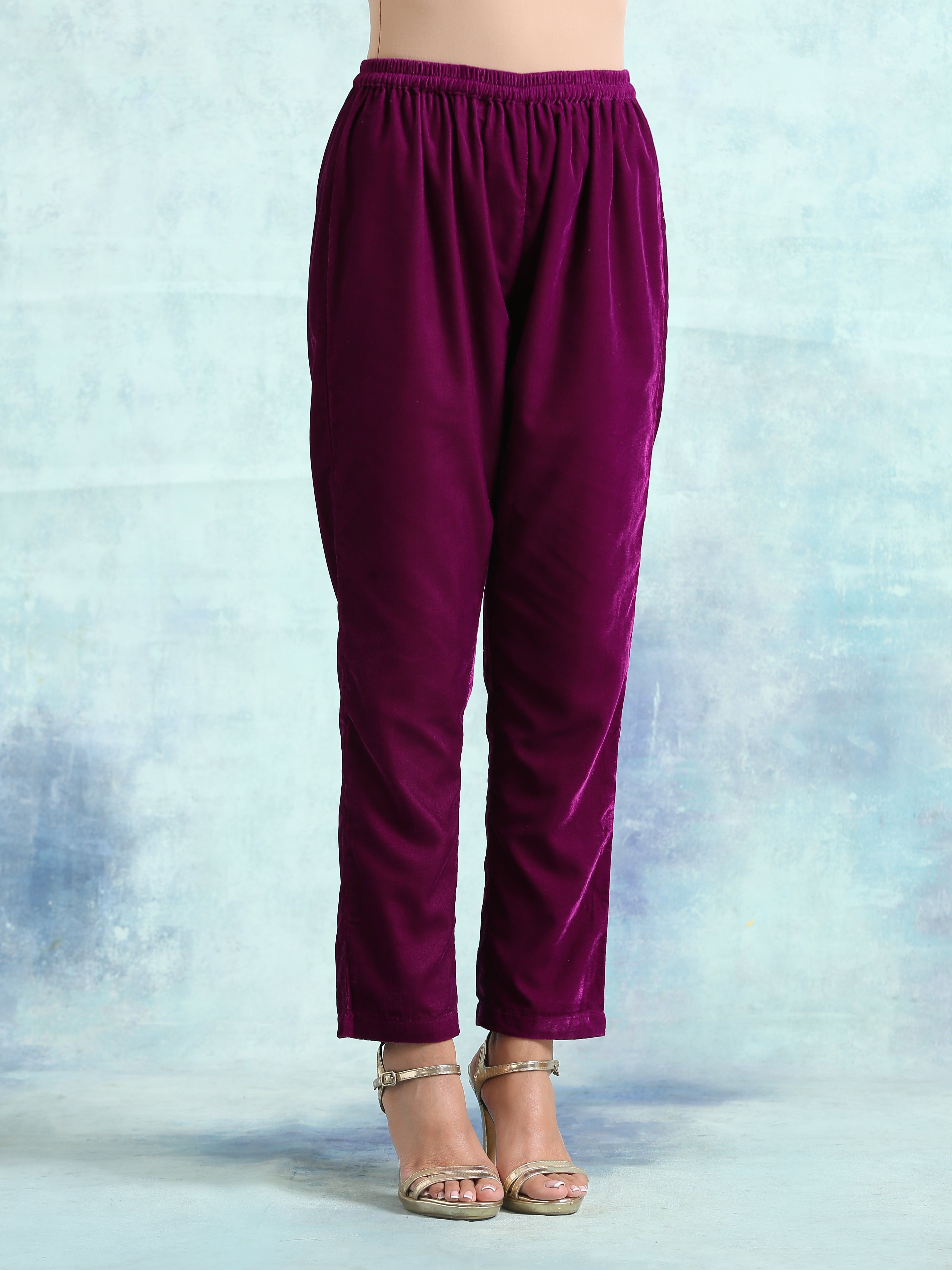 trueBrowns Wine Printed Velvet Lace Co-Ord Set
