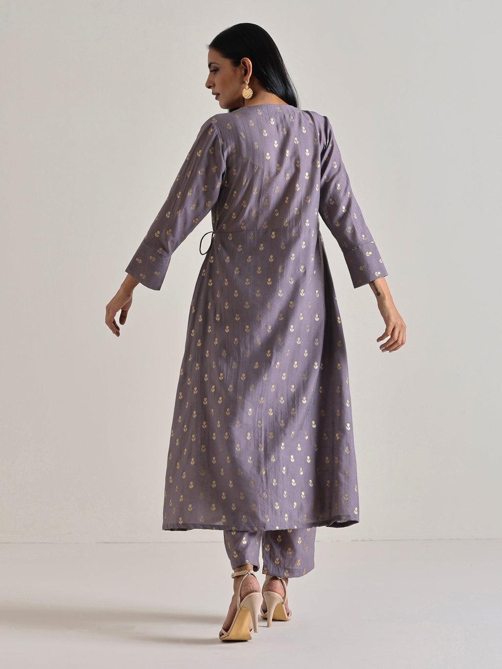 trueBrowns Plum Grey Foil Angrakha Kurta Set