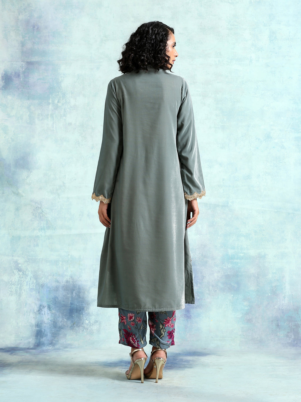 trueBrowns Grey Velvet Lace Kurta Pant Set