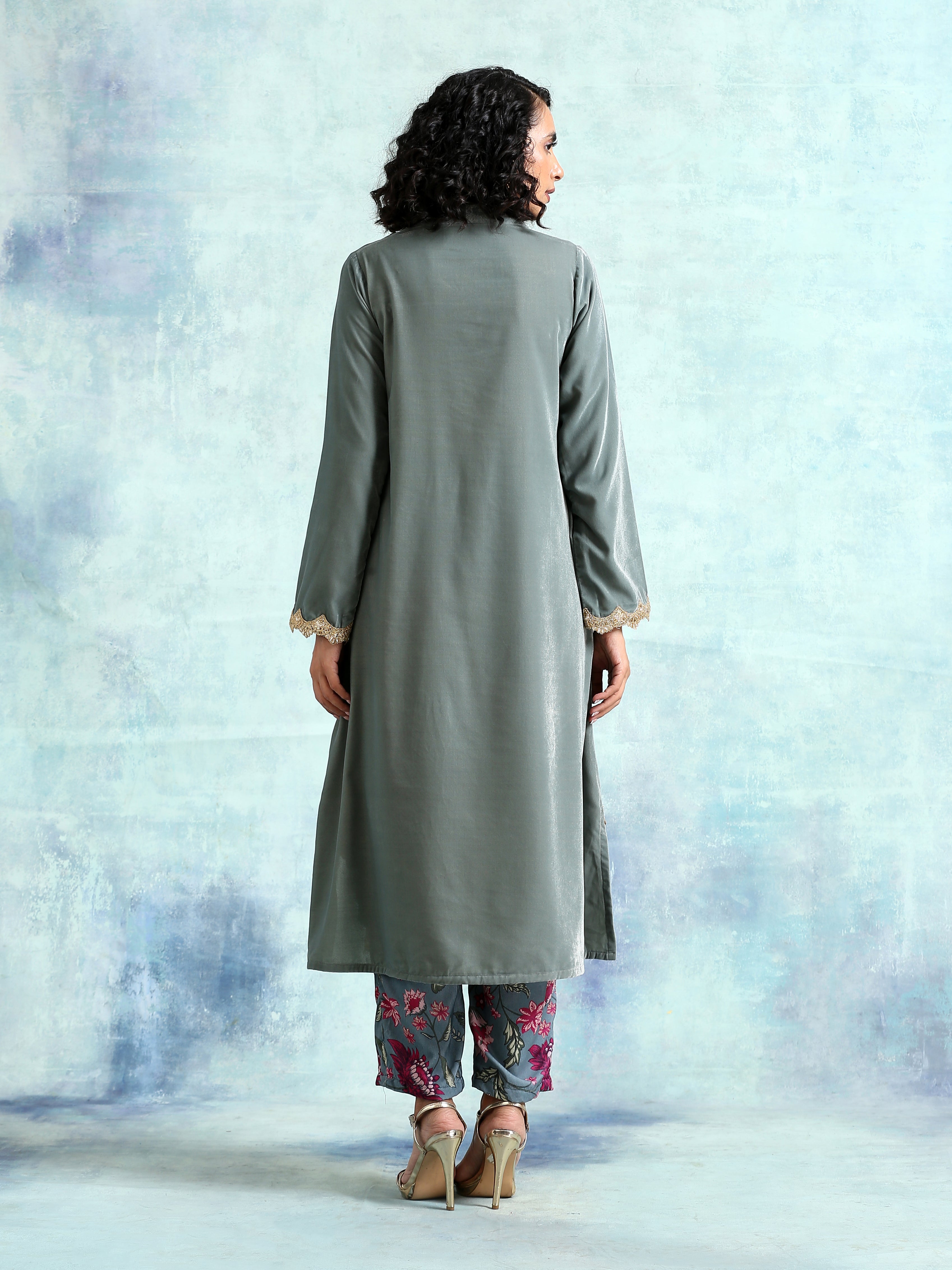 trueBrowns Grey Velvet Lace Kurta Pant Set