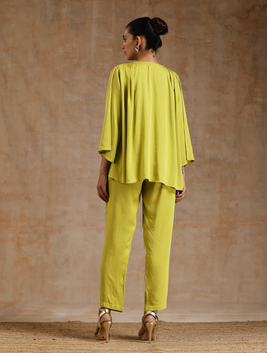 trueBrowns Lime Modal Satin Shoulder Pleat Co-Ord Set
