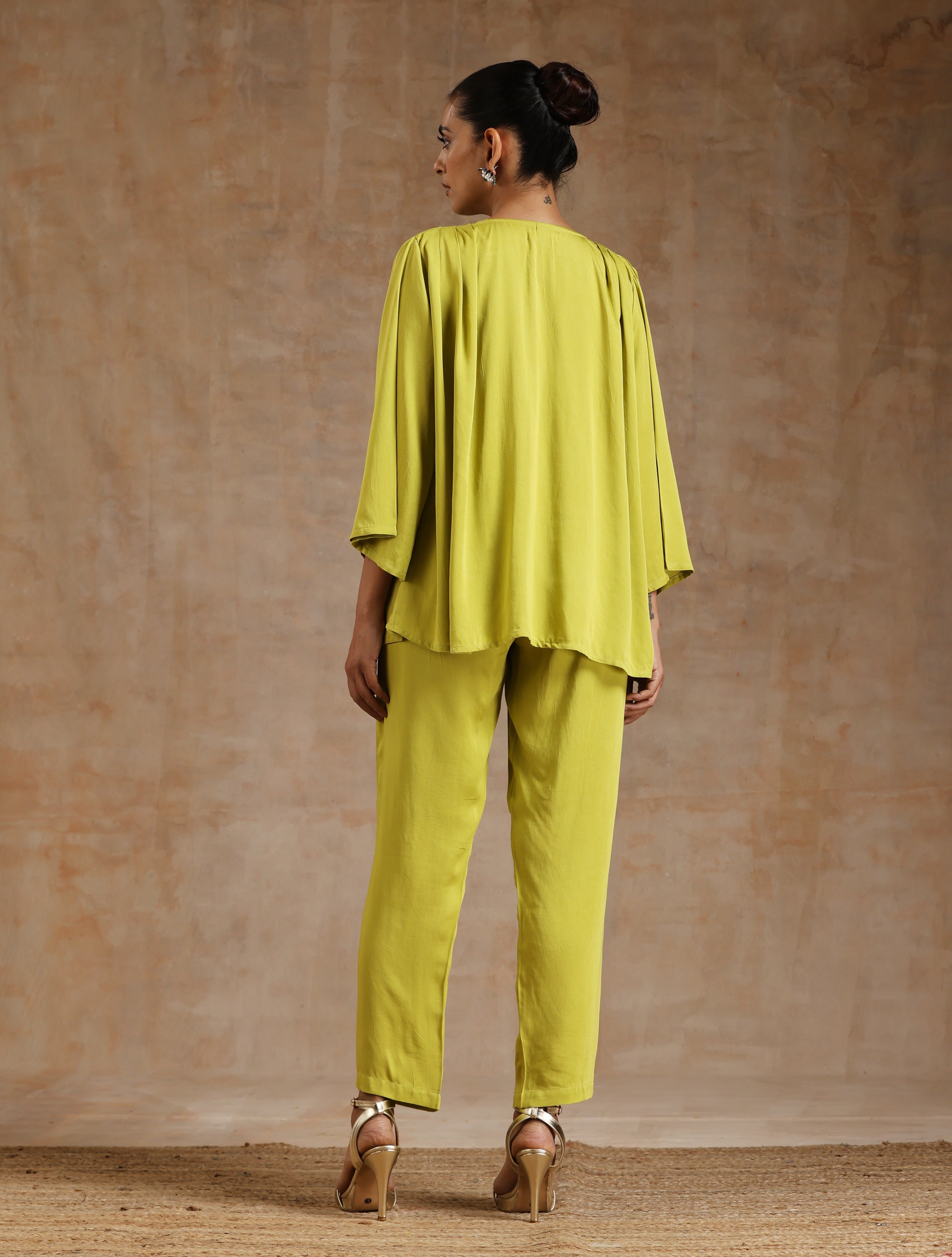 trueBrowns Lime Modal Satin Shoulder Pleat Co-Ord Set
