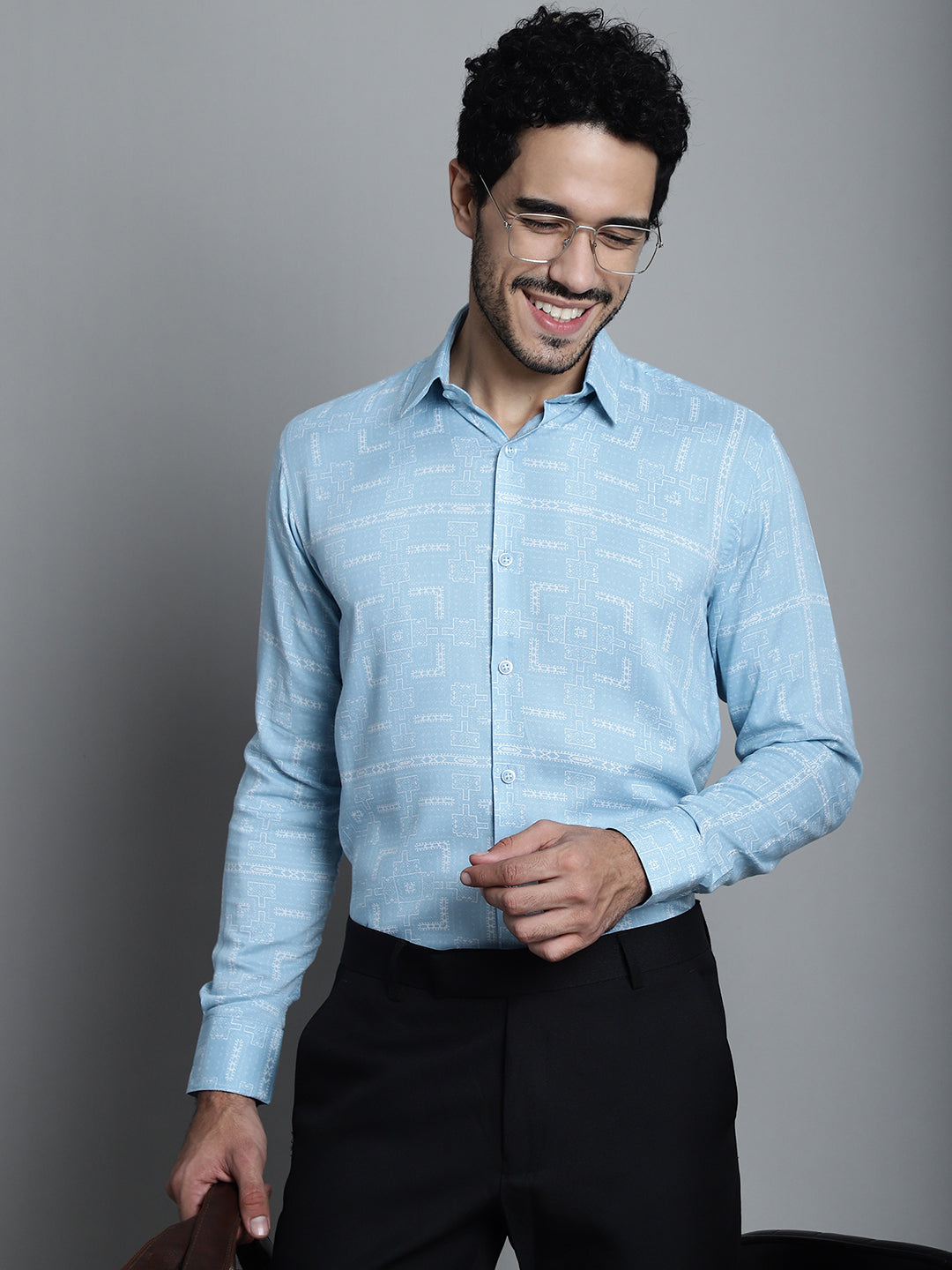 Jainish Men's Geomatric Printed Formal Shirts - Sky Blue