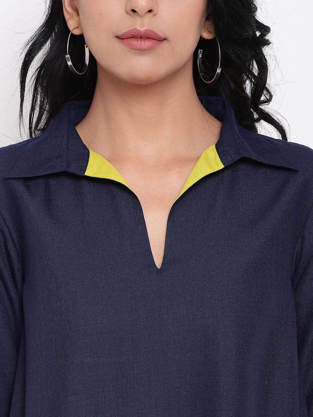 trueBrowns Linen Cotton Blue Collared Dress