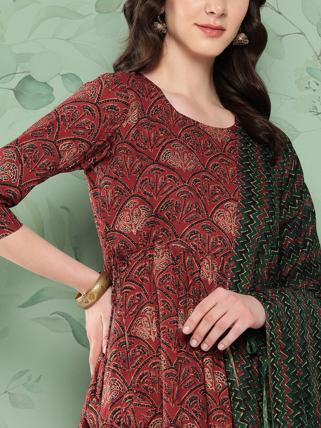 InWeave Women's Long Kurta Set Rust Ajrakh With Green Ajrakh Dupatta