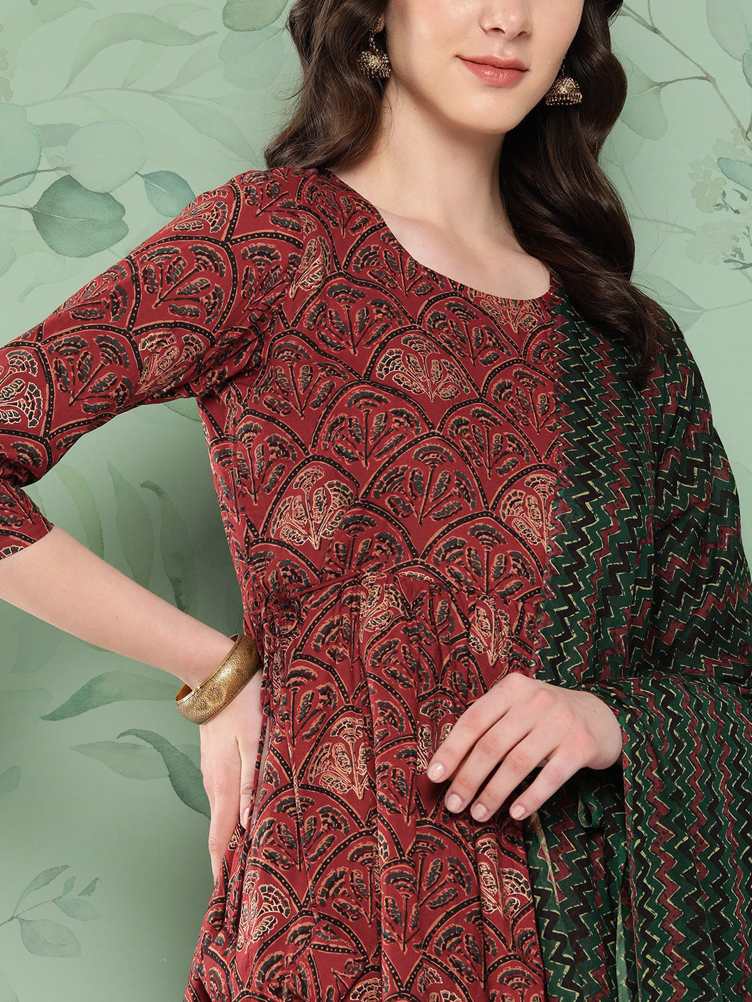 InWeave Women's Long Kurta Set Rust Ajrakh With Green Ajrakh Dupatta