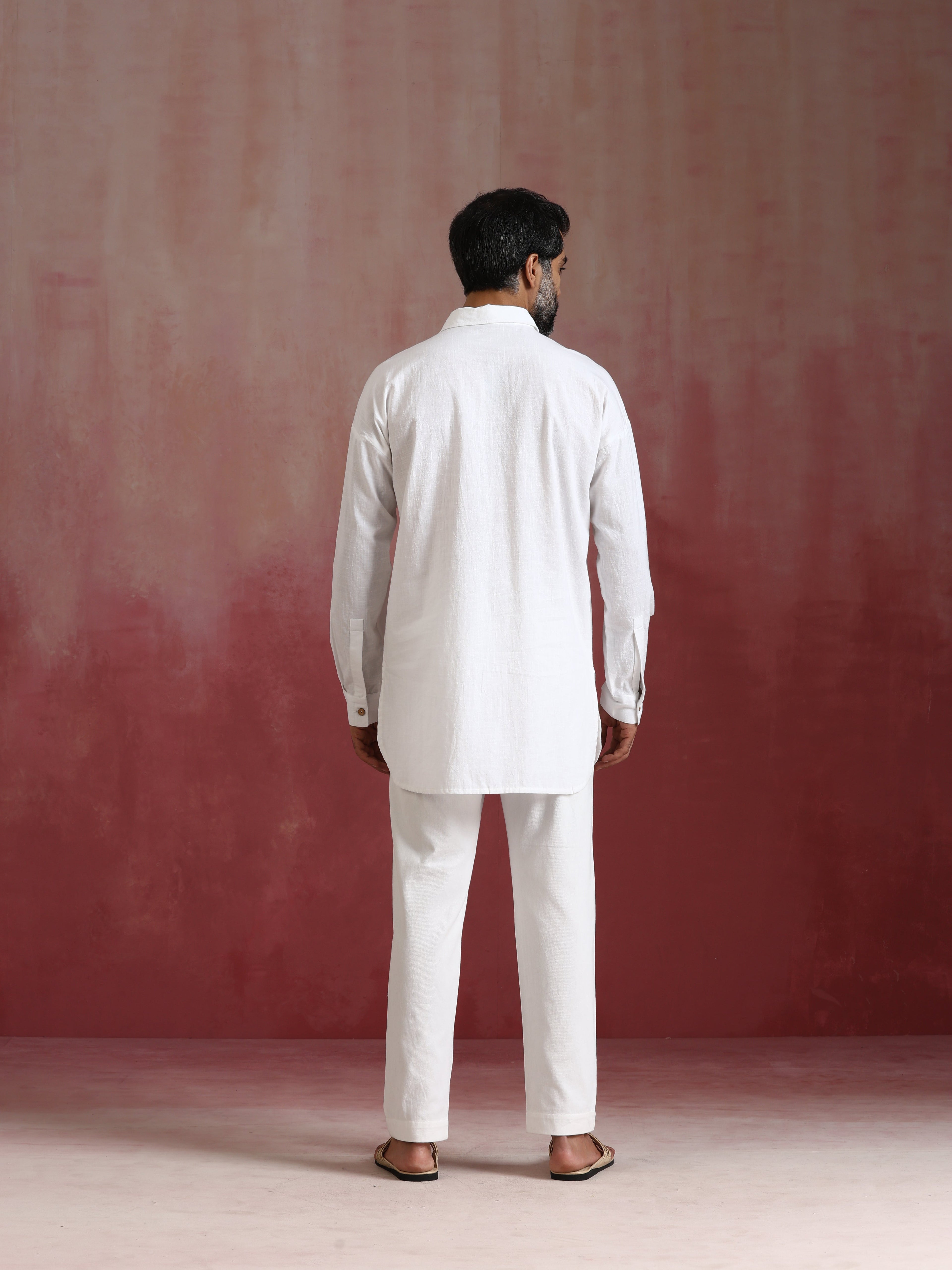 trueBrowns Men's White Cotton Shirt Collar Stylized Kurta Co-ord set
