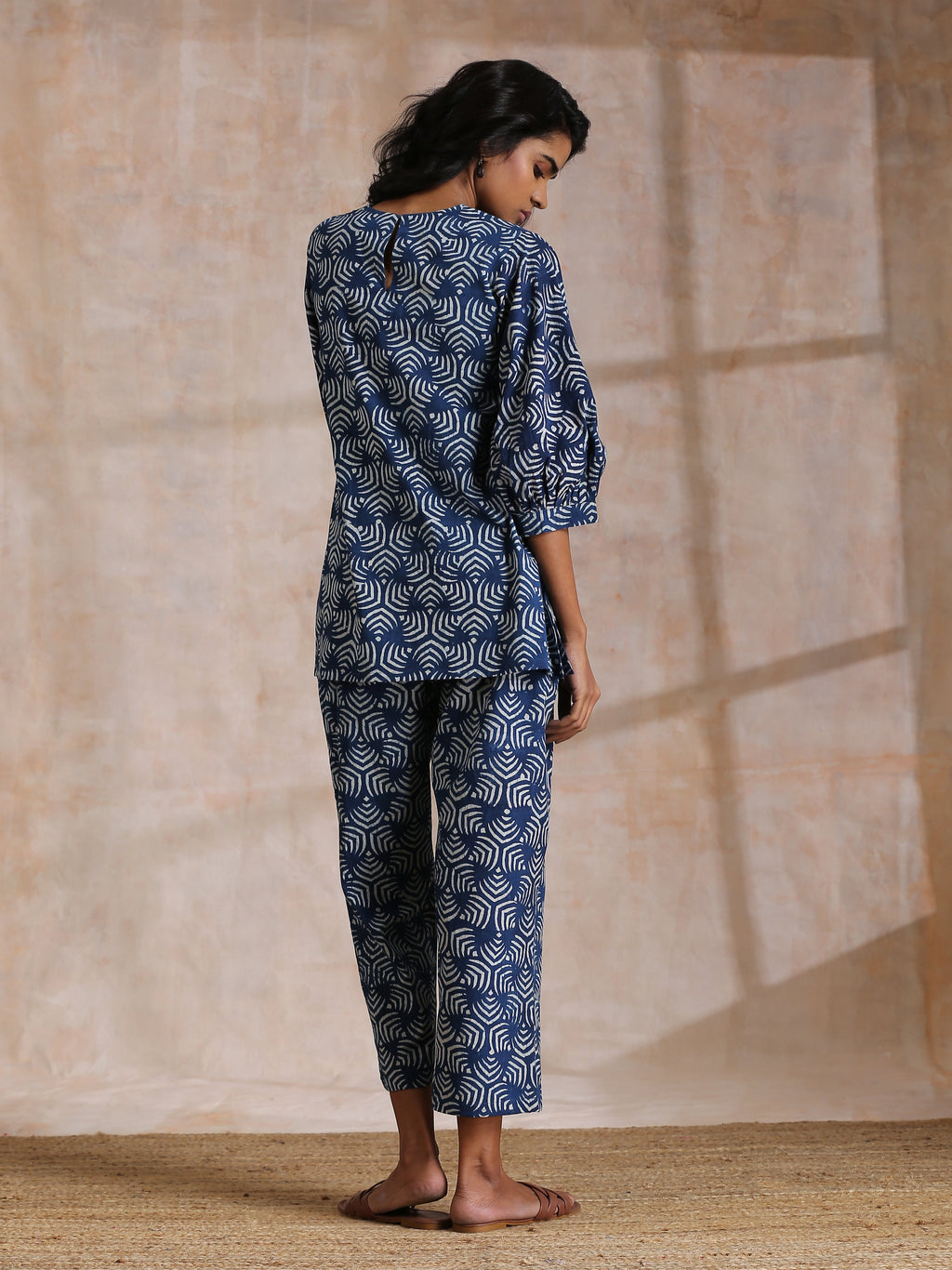 trueBrowns Indigo Dabu Overall Print Cotton Baggy Sleeve Co-Ord Set