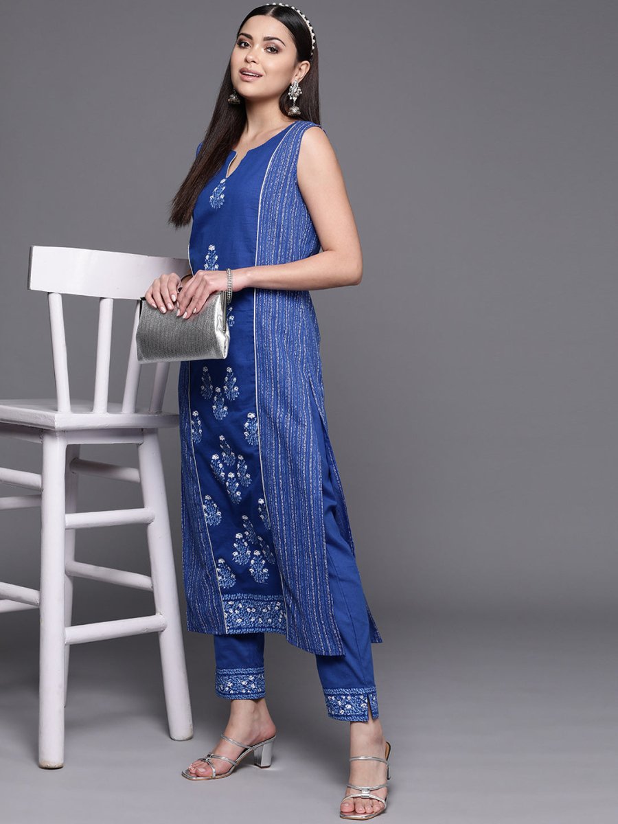 Ahalyaa Women Blue Floral Printed Pure Cotton Kurta with Trousers