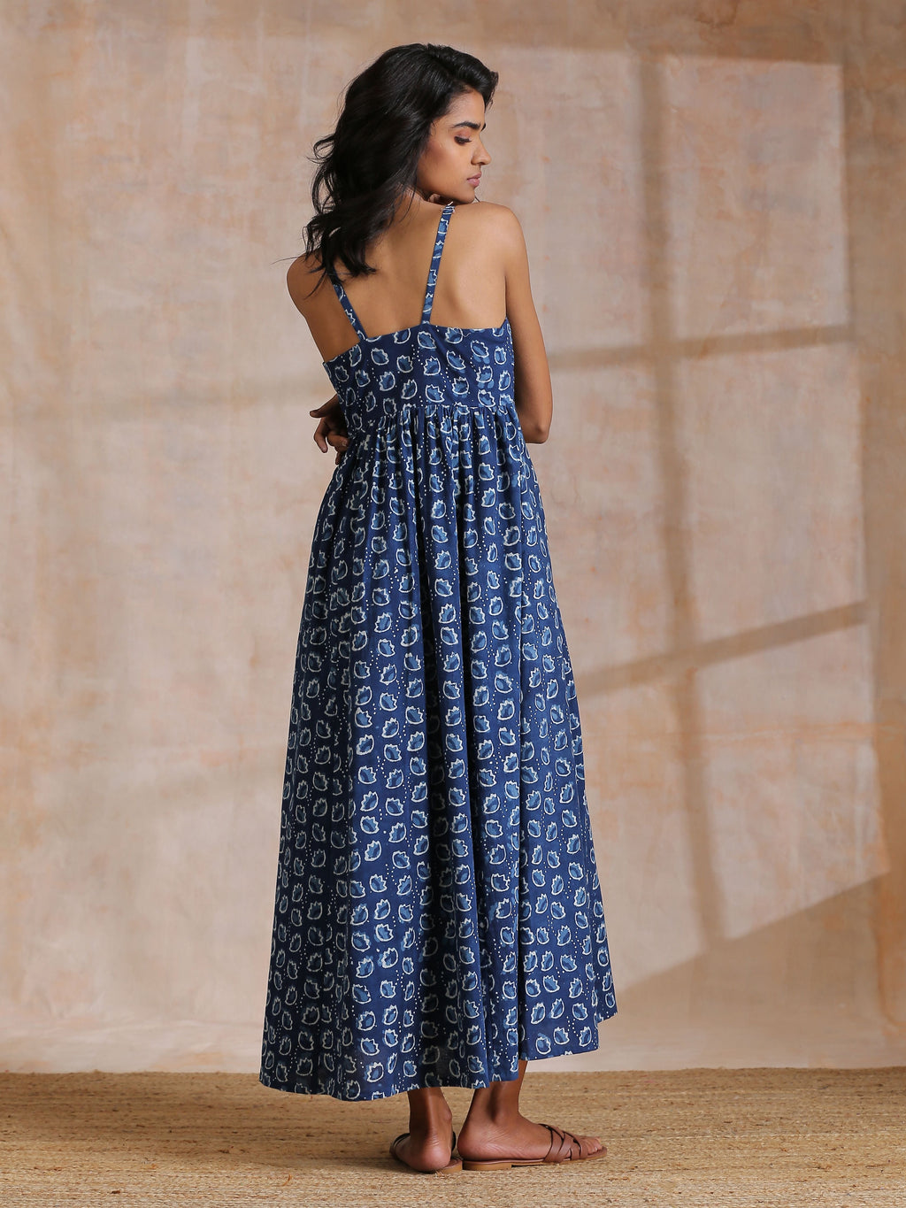 trueBrowns Indigo Dabu Floral Print Cotton Sleeveless Dress