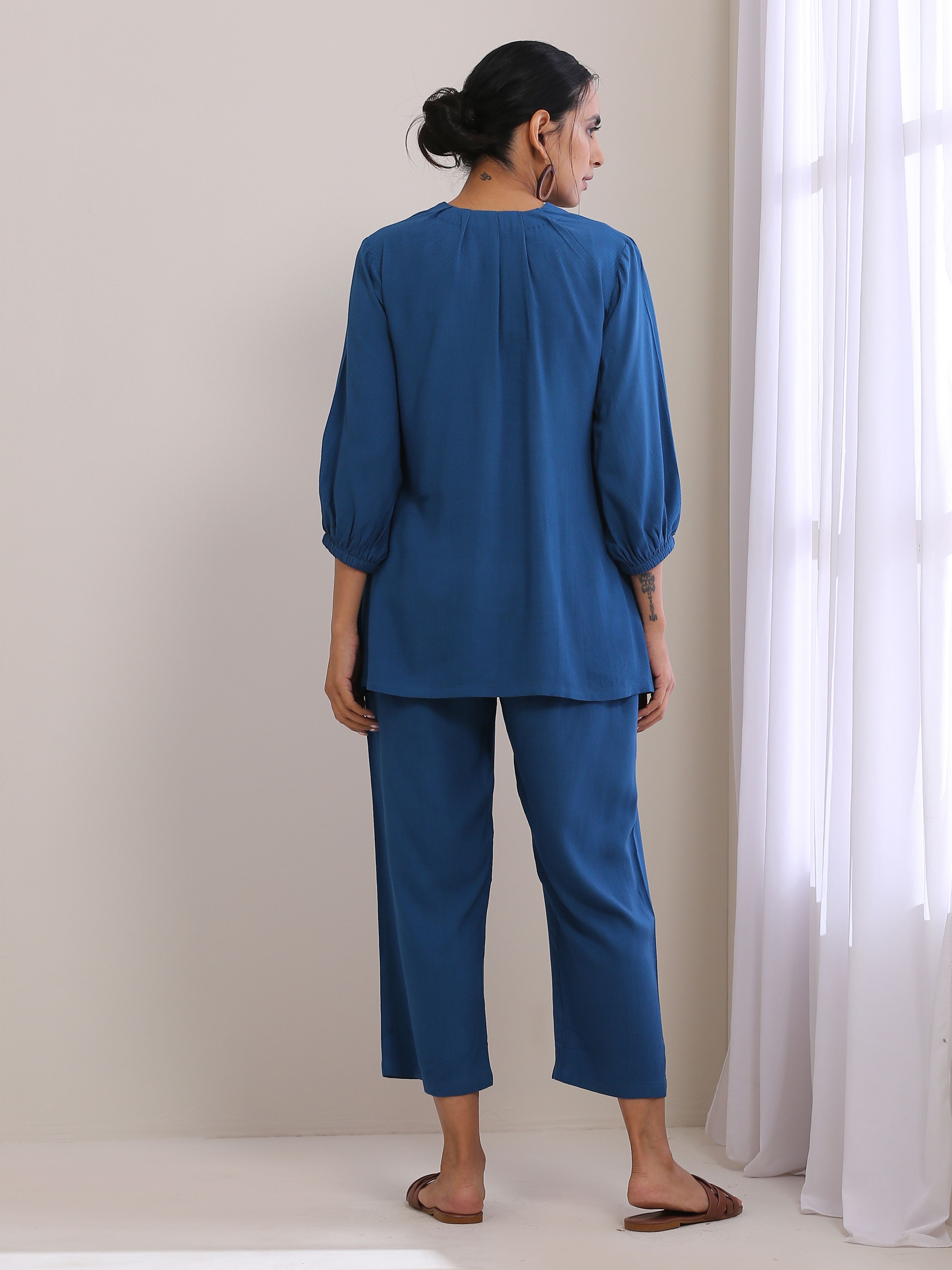 trueBrowns Classic Blue Dobby Pleated Co-Ord Set