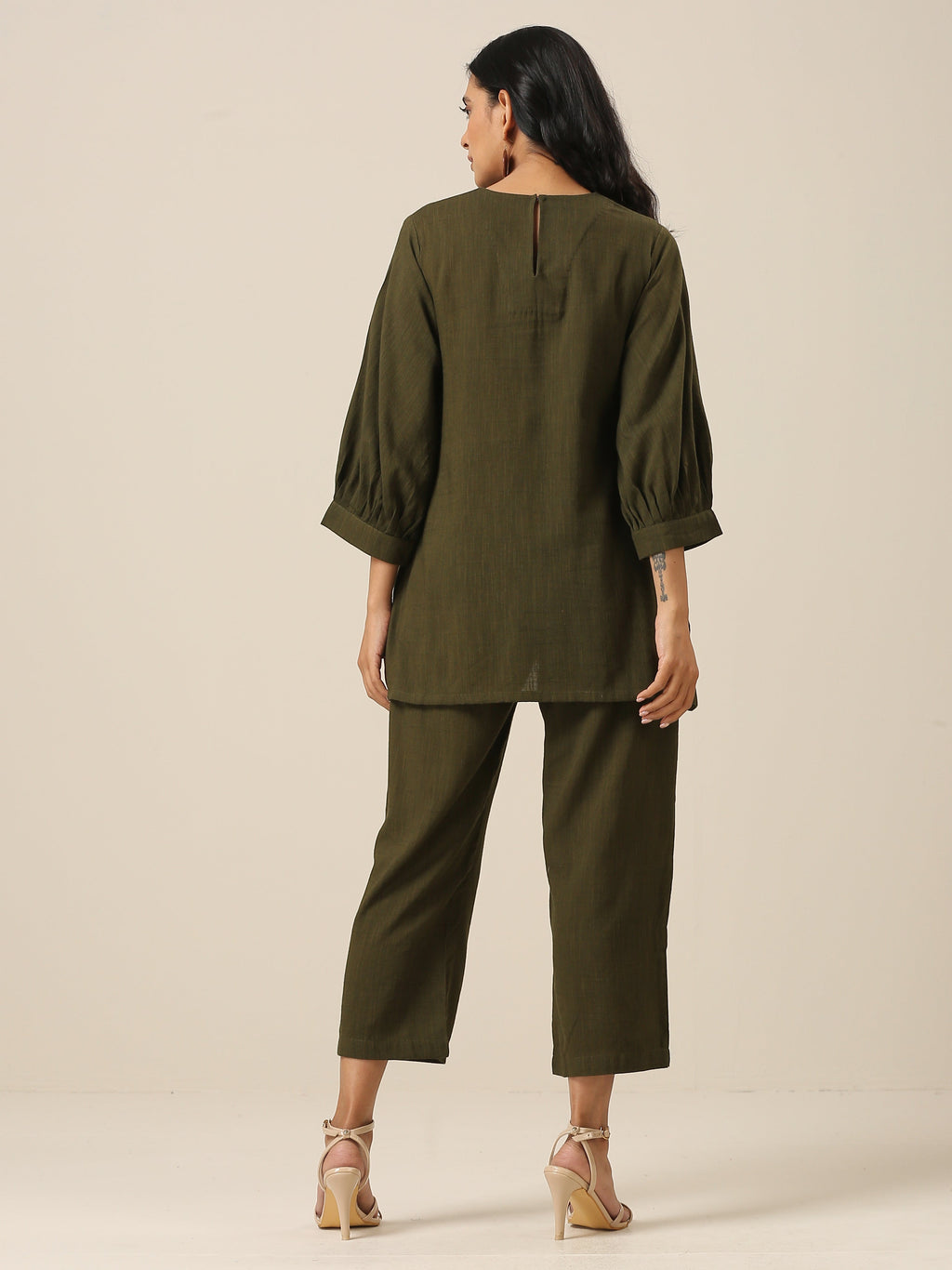trueBrowns Olive Green Slub Texture Baggy Sleeve Co-Ord Set