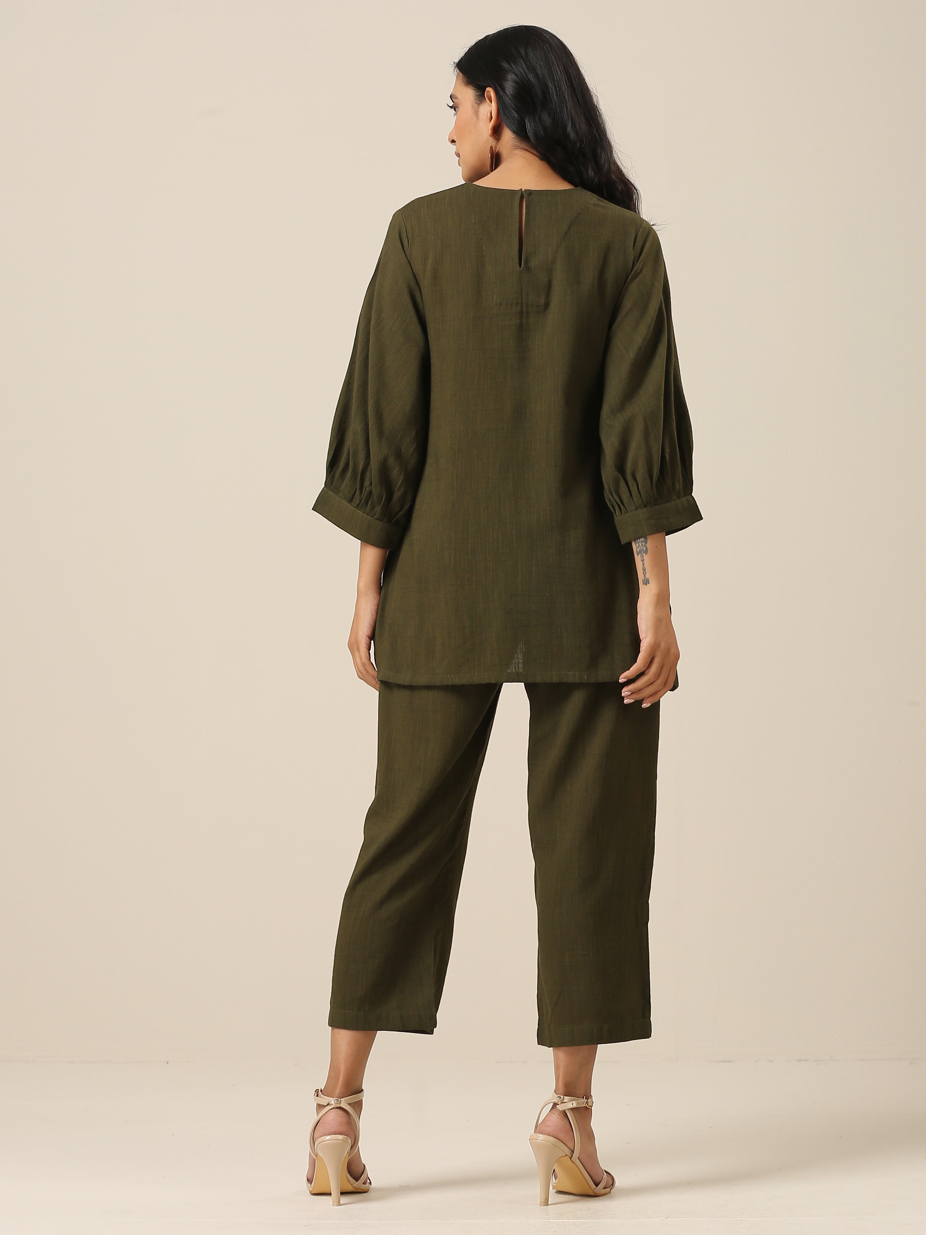 trueBrowns Olive Green Slub Texture Baggy Sleeve Co-Ord Set