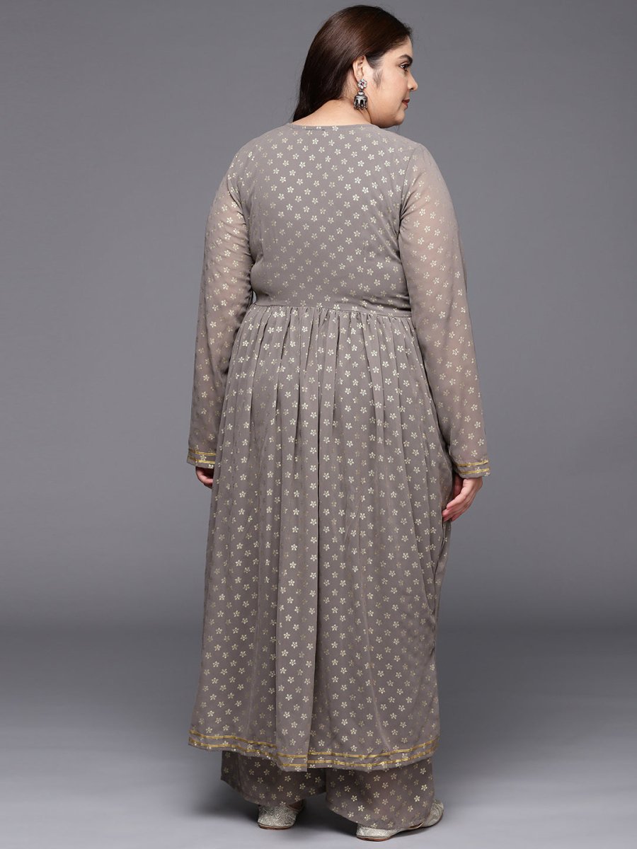 Ahalyaa Plus Size Floral Printed Zari Angrakha Kurta with Palazzos