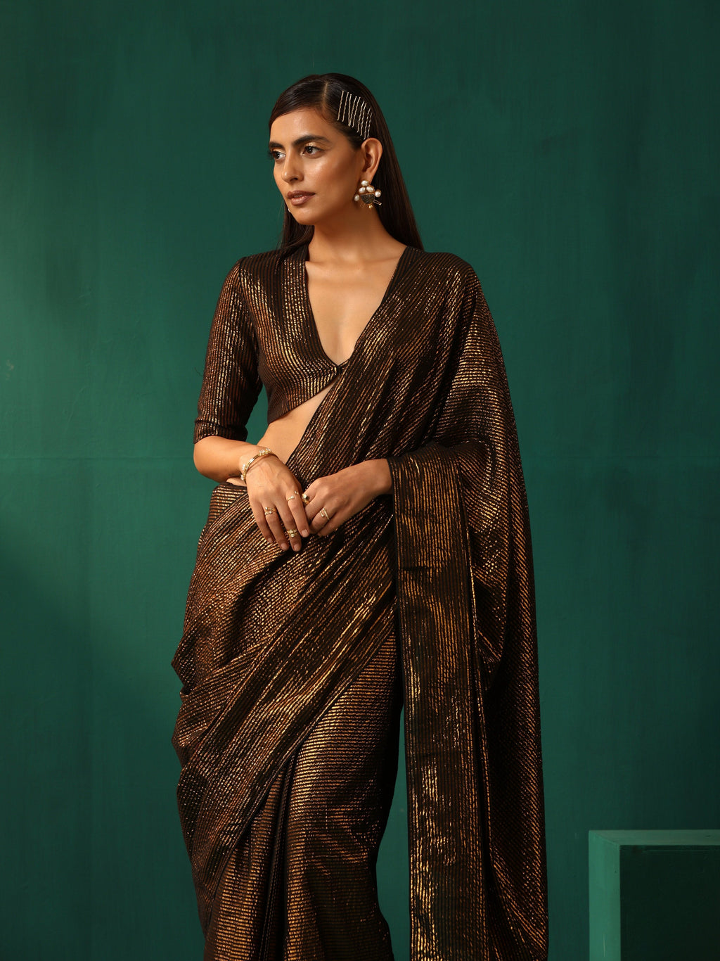 trueBrowns Black Cotton Gold Lurex Striped Ready to Wear Saree
