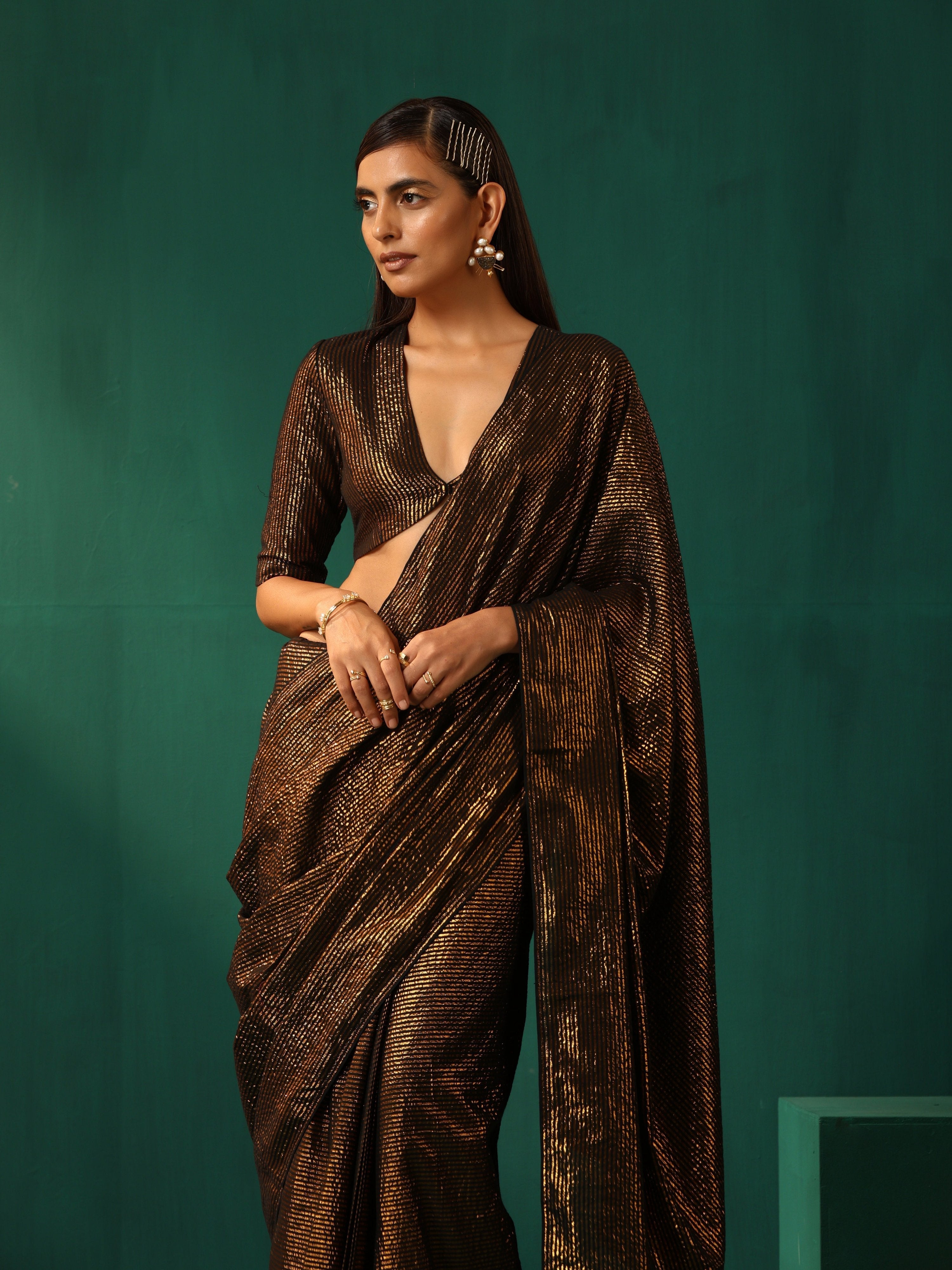 trueBrowns Black Cotton Gold Lurex Striped Ready to Wear Saree